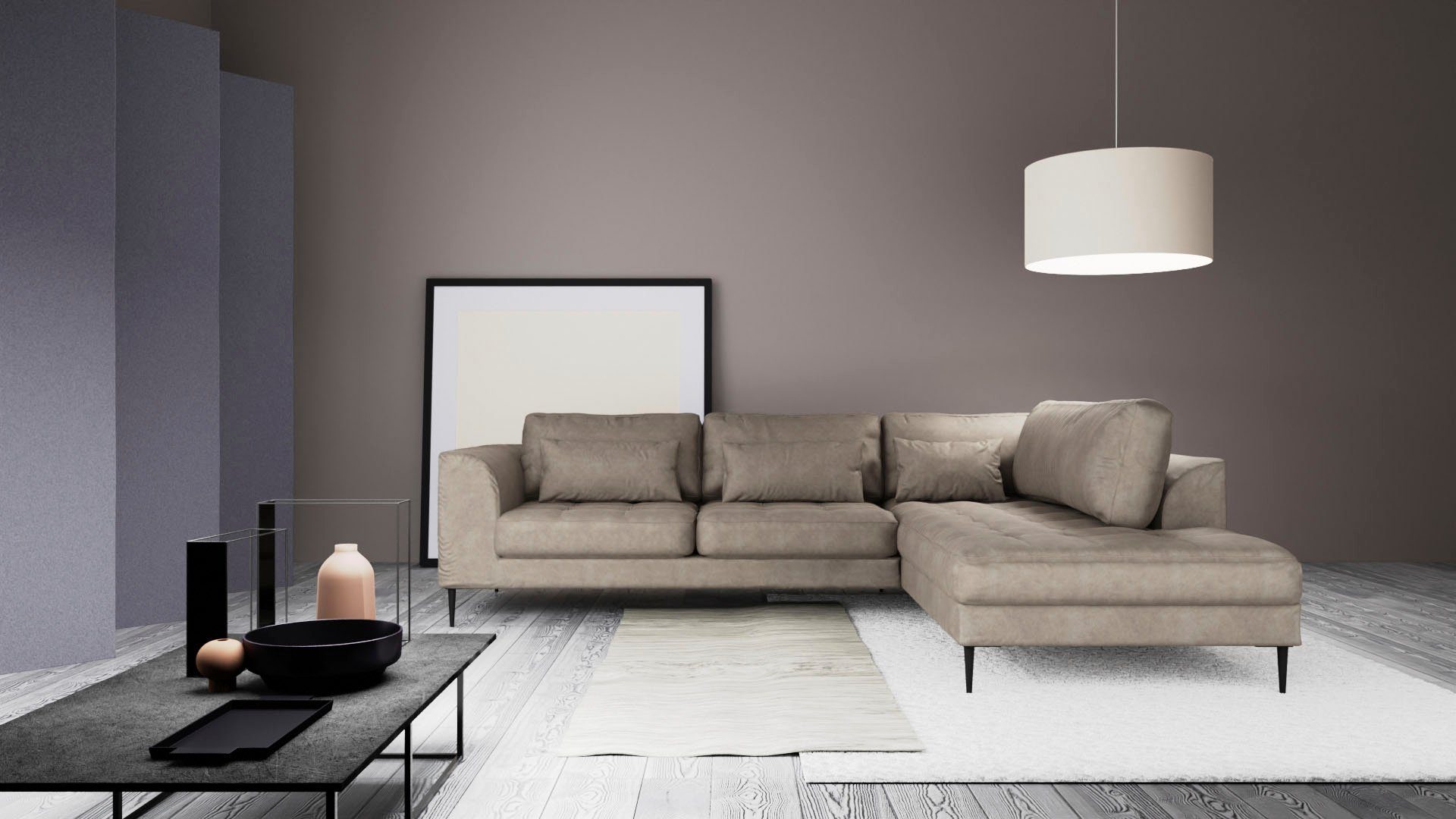 TRENDMANUFAKTUR Ecksofa Luzi, wahlweise mit Schlaffunktion und Bettkasten, gemütlich, L-Form, Designsofa mit Ottomane, Metallfüße schwarz, Breite 264 cm