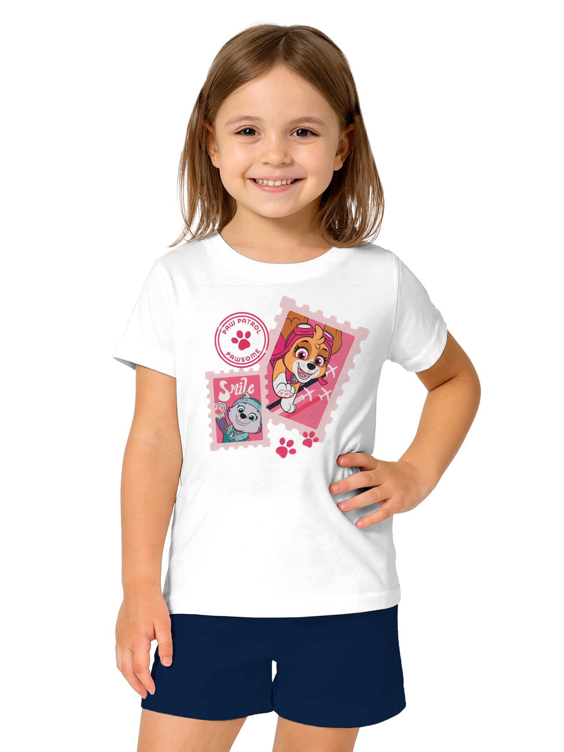 Schlafanzug Paw Patrol Schlafanzug für Mädchen Pyjama Set Kurzarm Weiß/Blau
