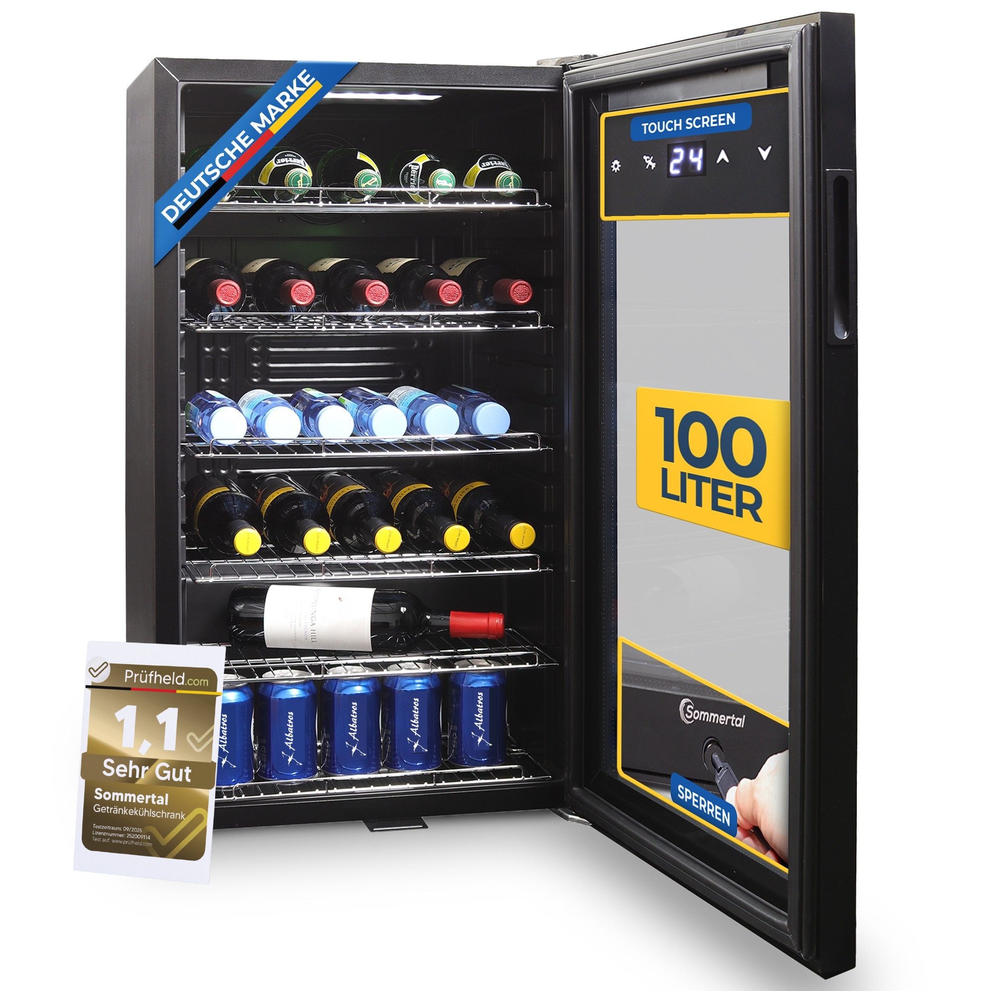 Sommertal Getränkekühlschrank GK100, 85 cm hoch, 48 cm breit, Touchscreen & Schloss kleiner Flaschenkühlschrank schwarz 100L