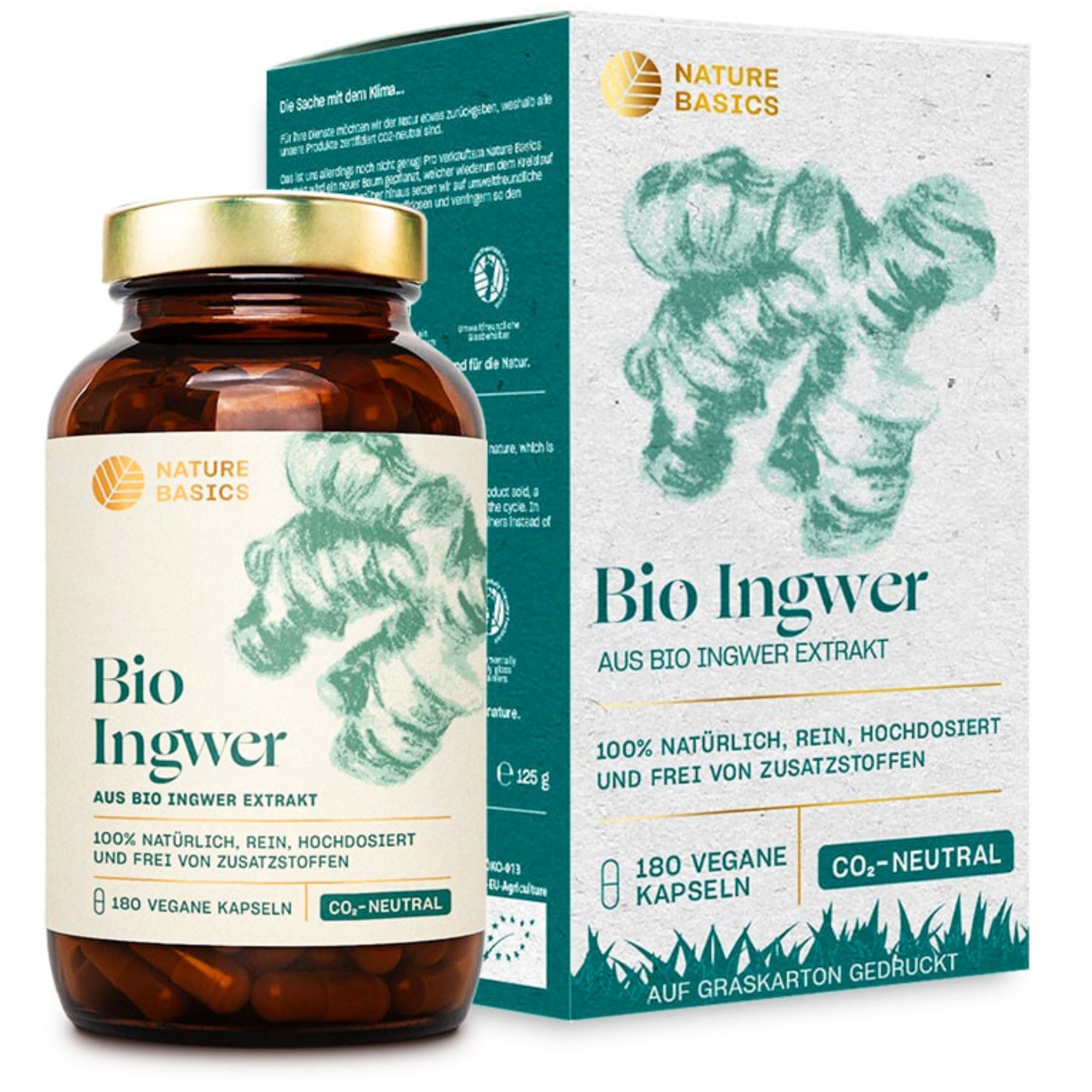 Nature Basics Hochwertiges Bio Ingwer Extrakt Vegan & Nachhaltig im Braunglas 180 Kapseln, 125 g