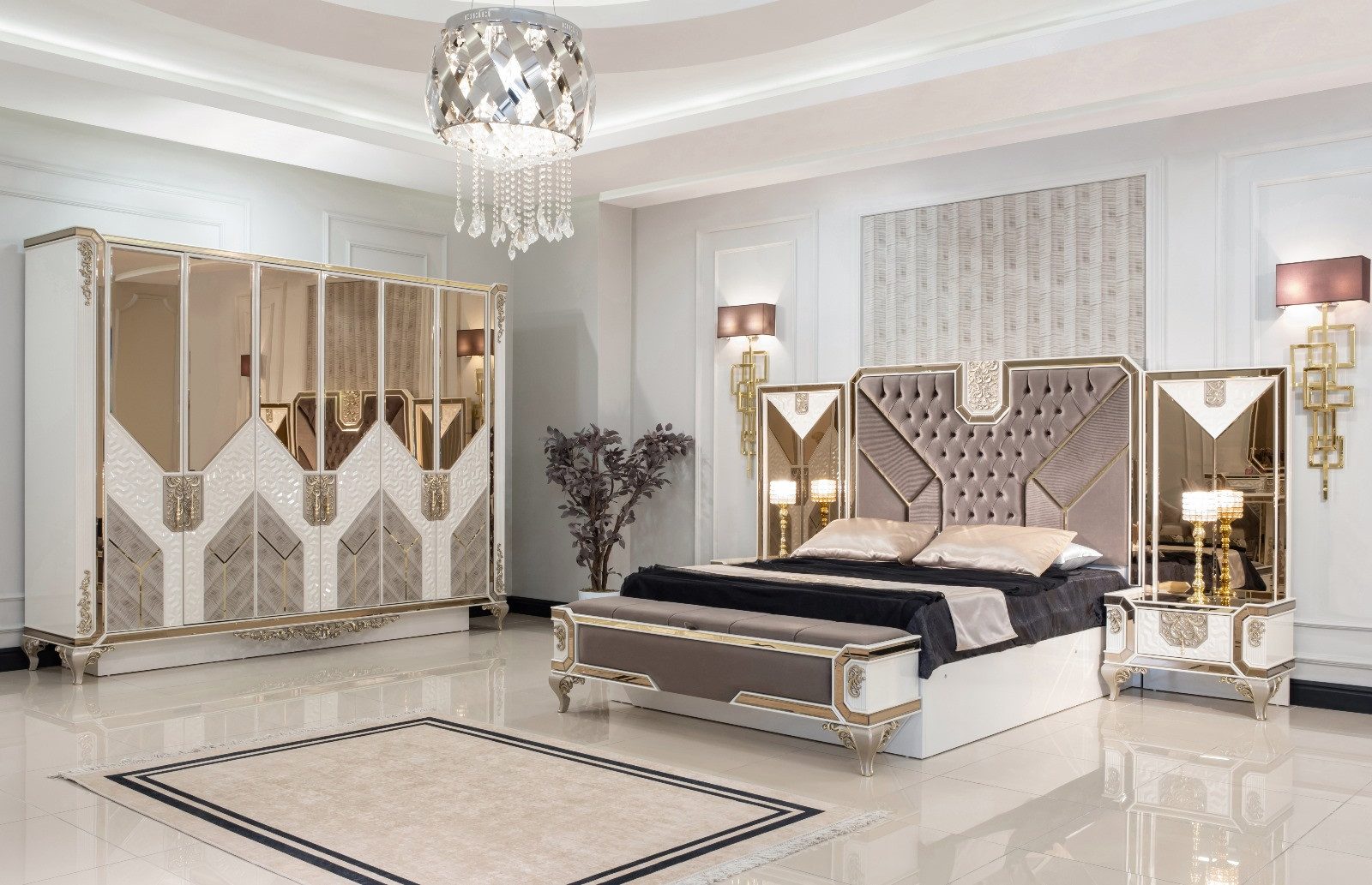 JVmoebel Schlafzimmer-Set Luxuriöses Bett mit Nachttischen, Sitzbank, Kleiderschrank und Kommode, (Schlafzimmer-Set), Made in Europa