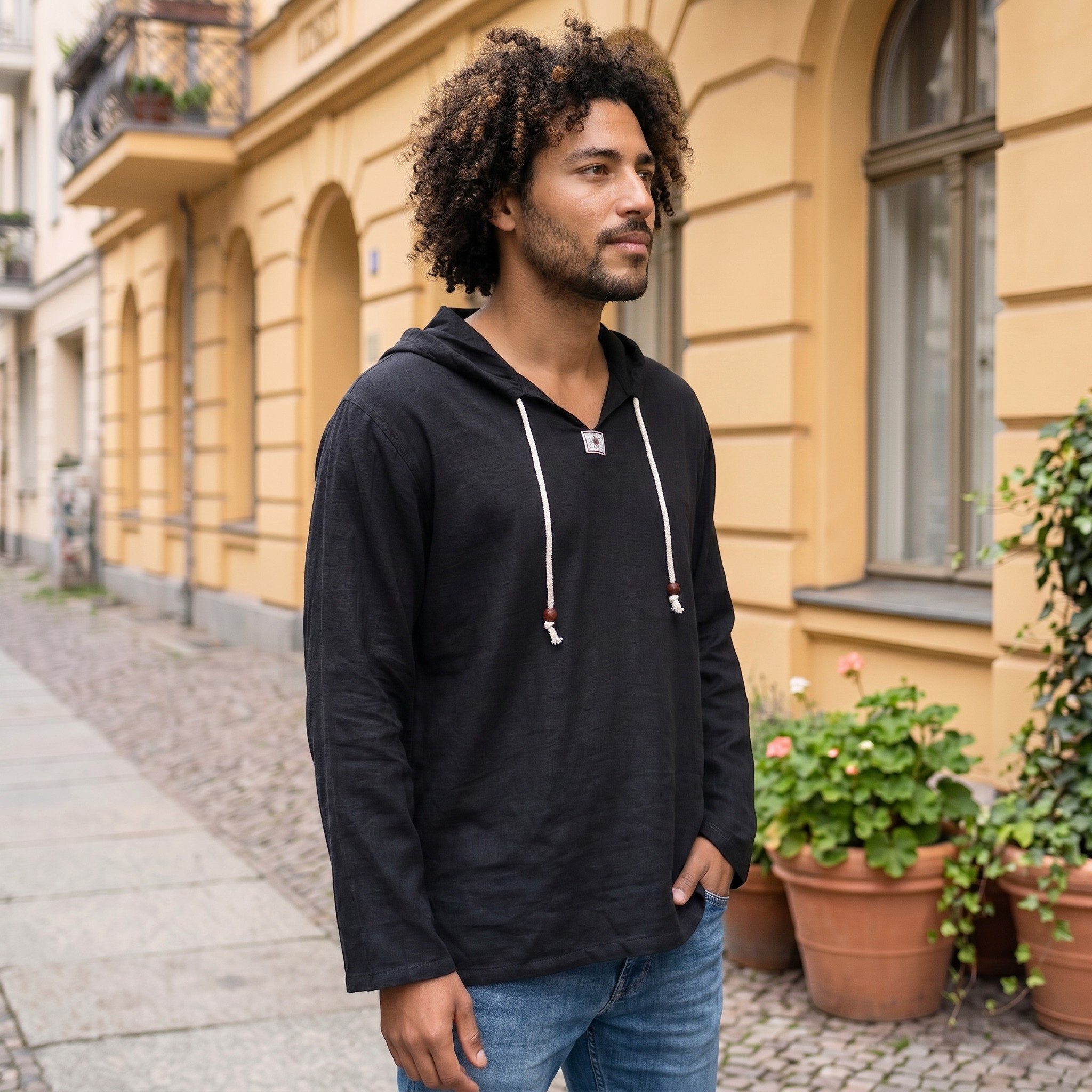 Guru-Shop Hemd & Shirt Yoga Hemd, leichtes Freizeithemd mit Kapuze,.. Ethno Style, alternative Bekleidung