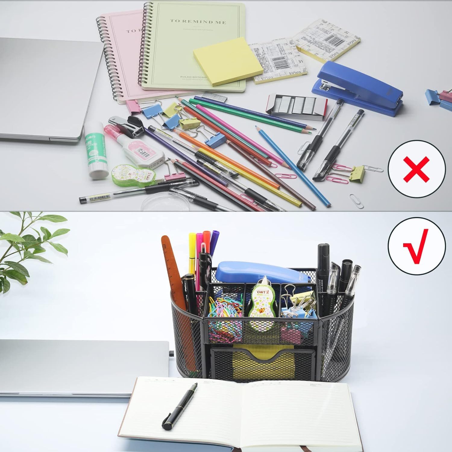 OKWISH Organizer Schreibtisch Organizer Stifthalter Schreibtischorganizer Mesh Metall (Desk-Organizer mit 8 Fächer und 1 Schublade, 1 St., Platzsparendes Büro-Organizer Große Kapazität), Büro Schule Schreibtisch Bleistift Stifte Hefter Schreibwaren Lagerung
