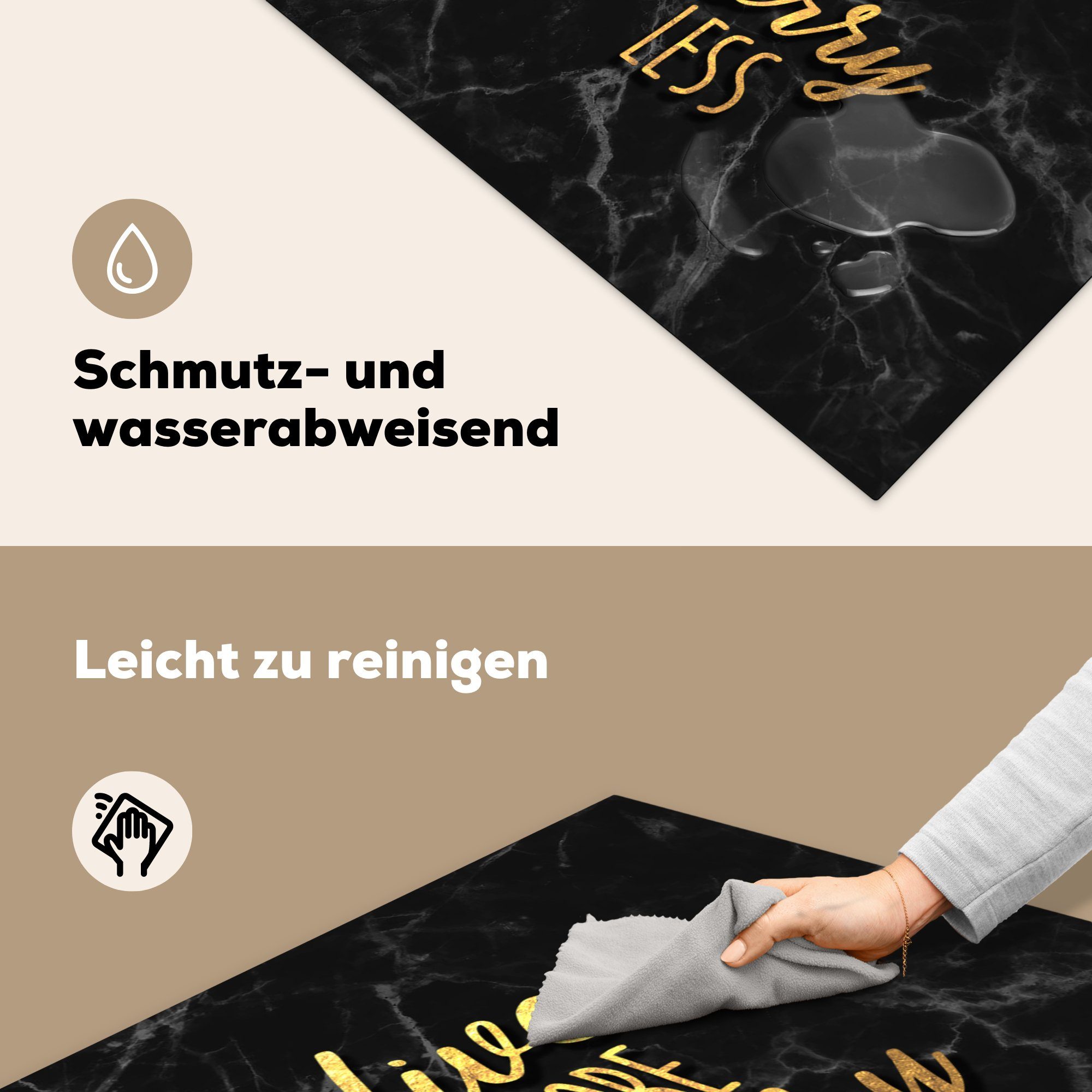 MuchoWow Herdblende-/Abdeckplatte Zitat - Leben Arbeitsplatte Schwarz, Gold für - Ceranfeldabdeckung, 78x78 cm, (1 tlg), küche - Vinyl