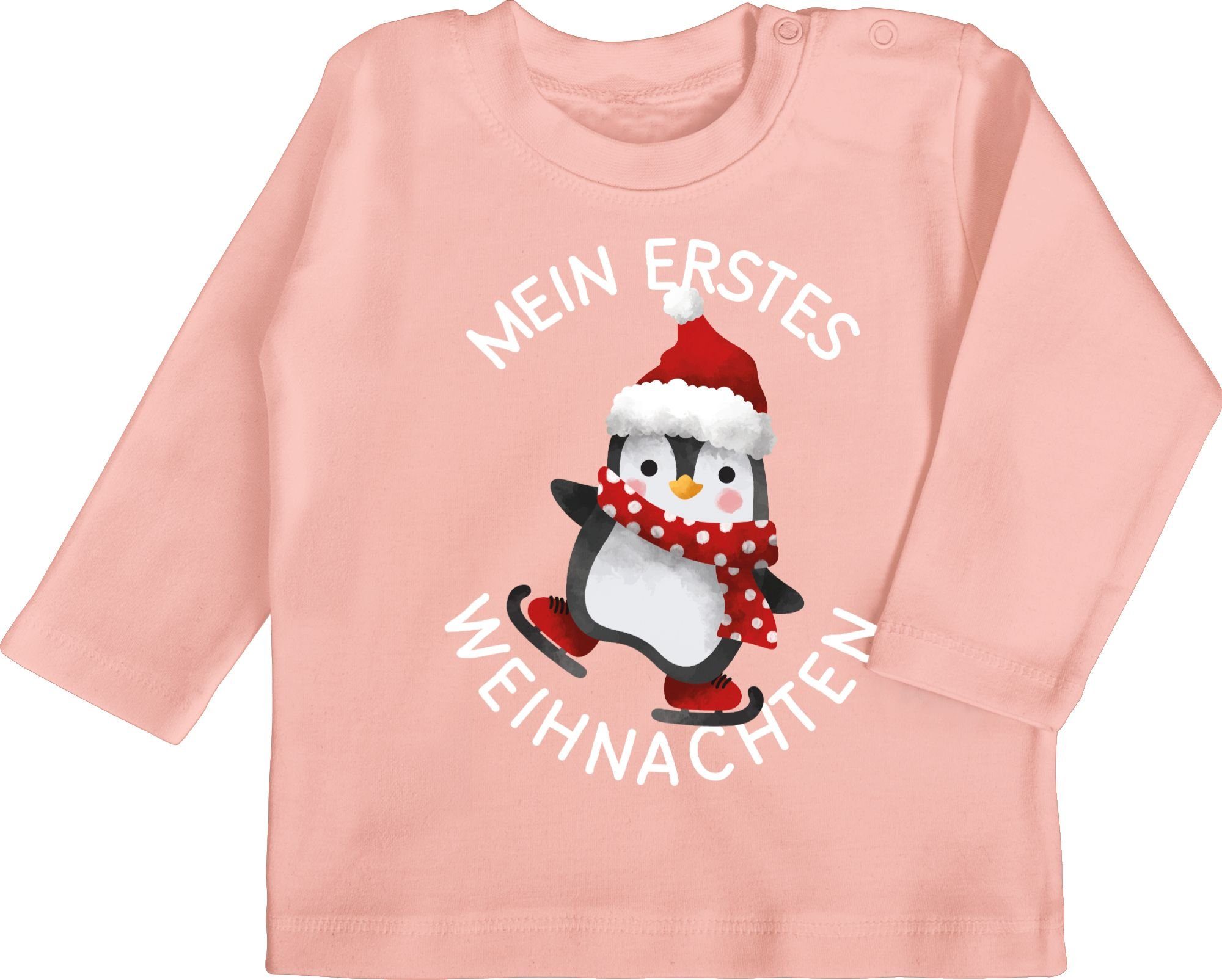 Shirtracer T-Shirt Mein erstes Weihnachten mit Pinguin - weiß Weihnachten Kleidung Baby 1 Babyrosa