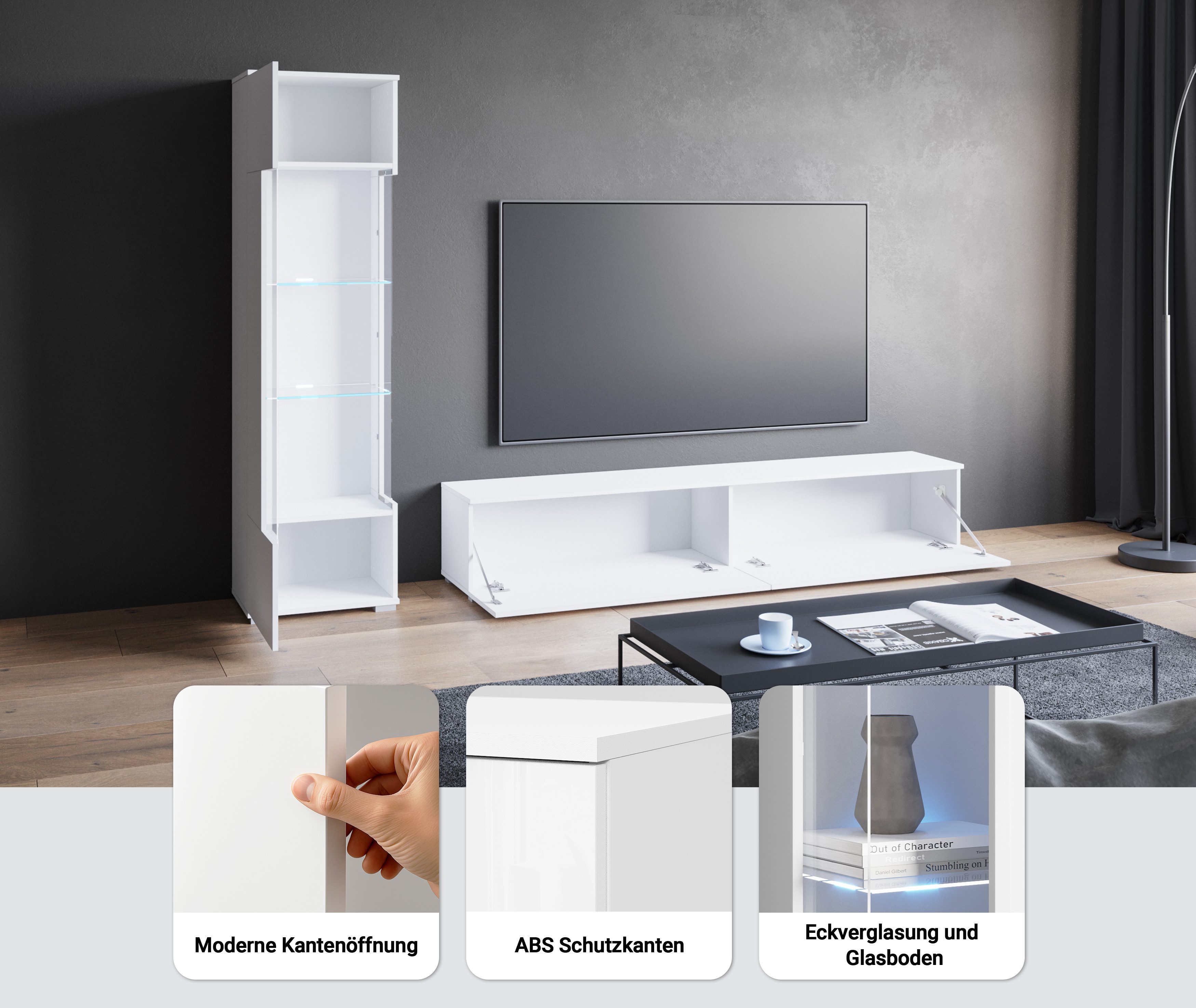 OTTO home Wohnwand Kenia, Vitrine Türanschlag links/rechts wechselbar, (Komplett-Set, 2-St), Vitrine mit Eckverglasung, hängend und stehend montierbar