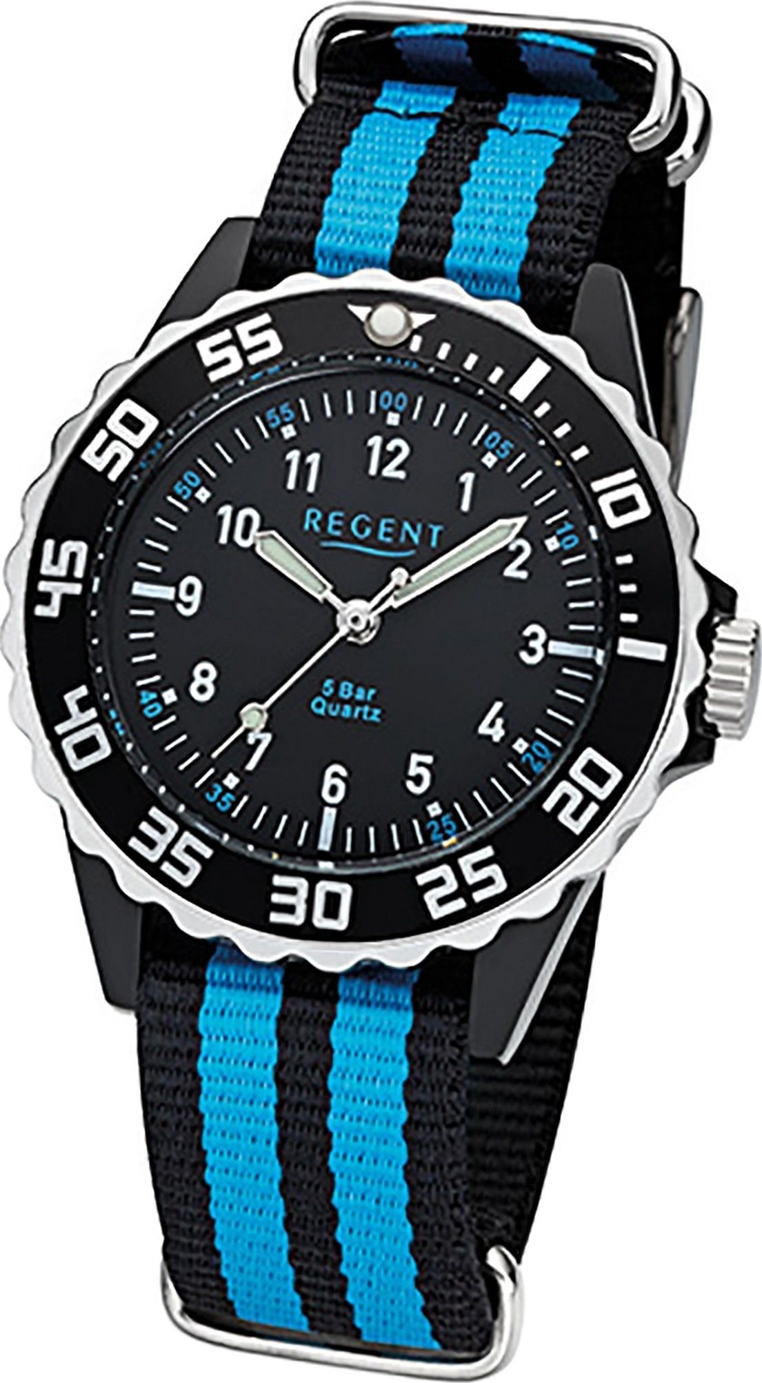 Regent Quarzuhr Regent Textil Kinder Jugend Uhr F-1126, (Analoguhr), Jugenduhr Stoffarmband schwarz, blau, rundes Gehäuse, mittel (ca 33mm)