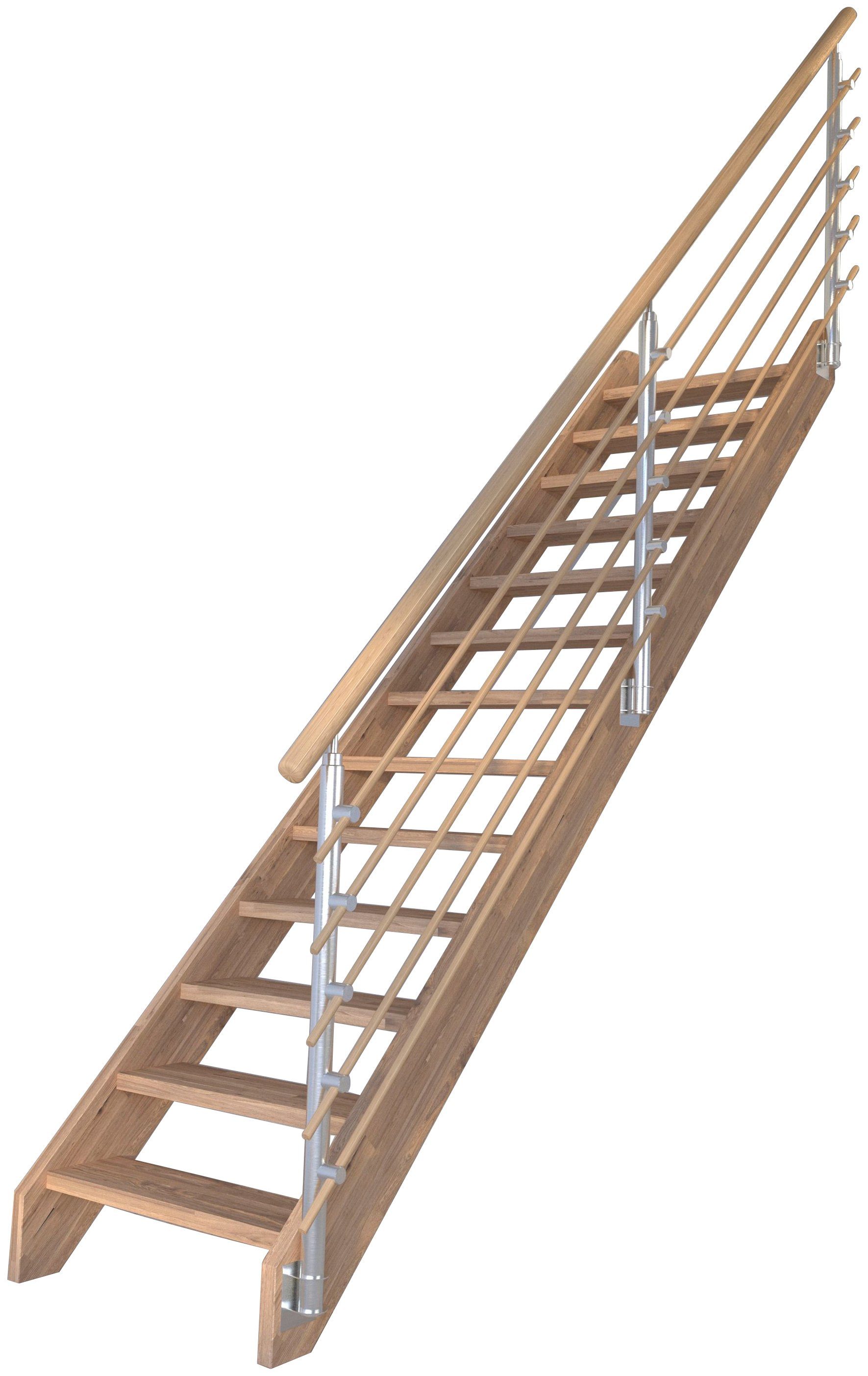 280 Systemtreppe Stufen Design-Geländer Wangenteile offen, Geschosshöhen für Massivholz Holzrundstäbe, bis cm, Mykonos, Starwood Durchgehende