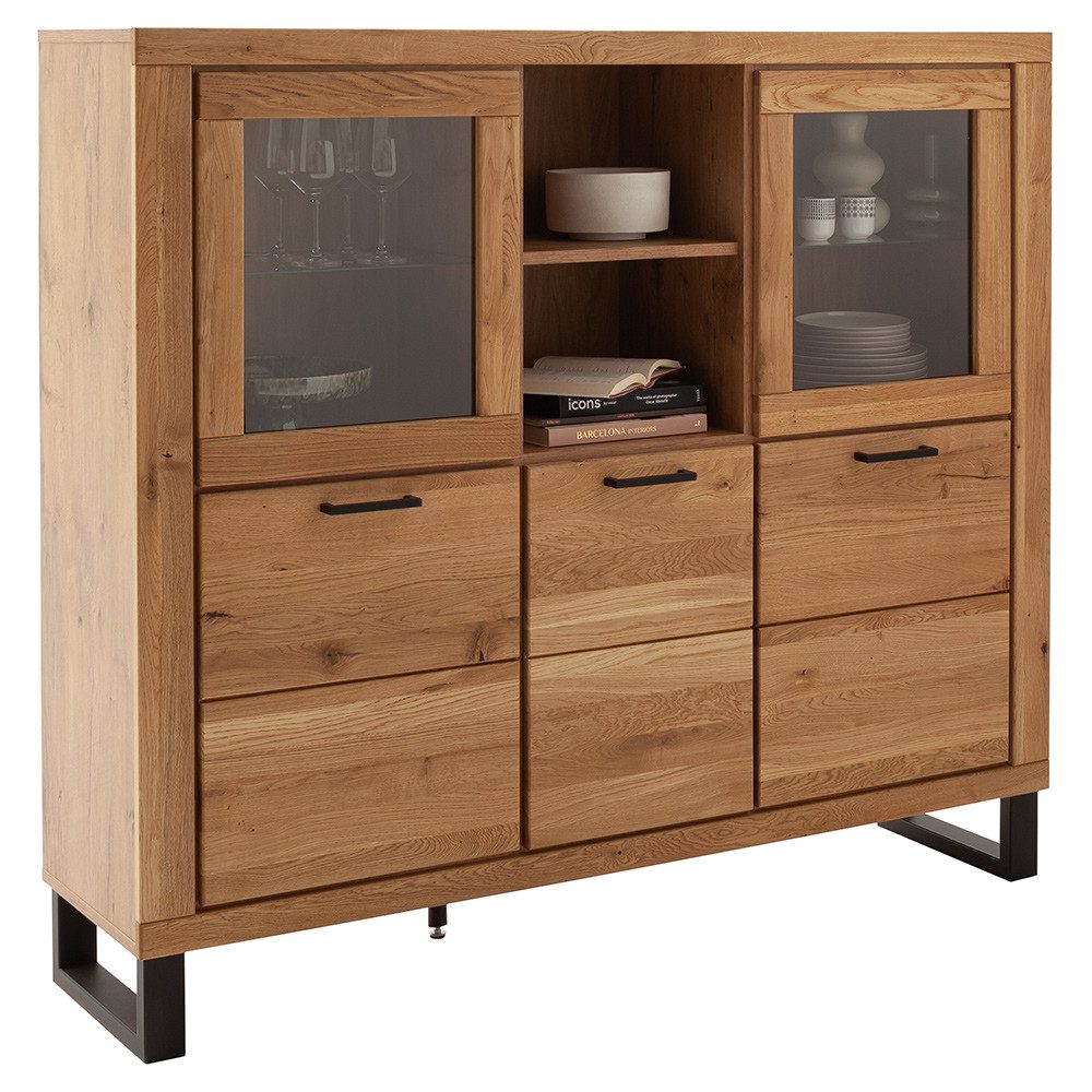 Lomadox Highboard KUMASI-06, 159 cm breit, Eiche massiv geölt, Metallfüße und -griffe