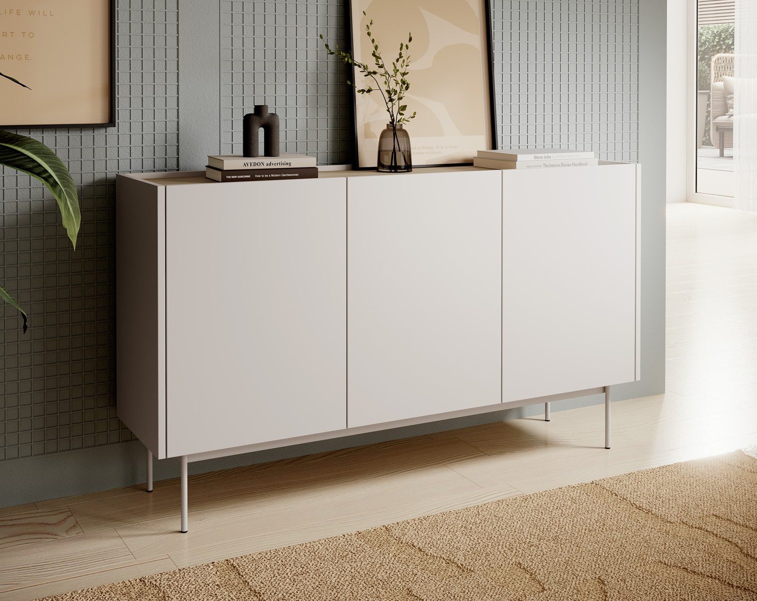 Compleo Kommode dreitürig, Tischplatte- Eiche Linea, Füße aus Metall (ZOTI), skandinavisches Design