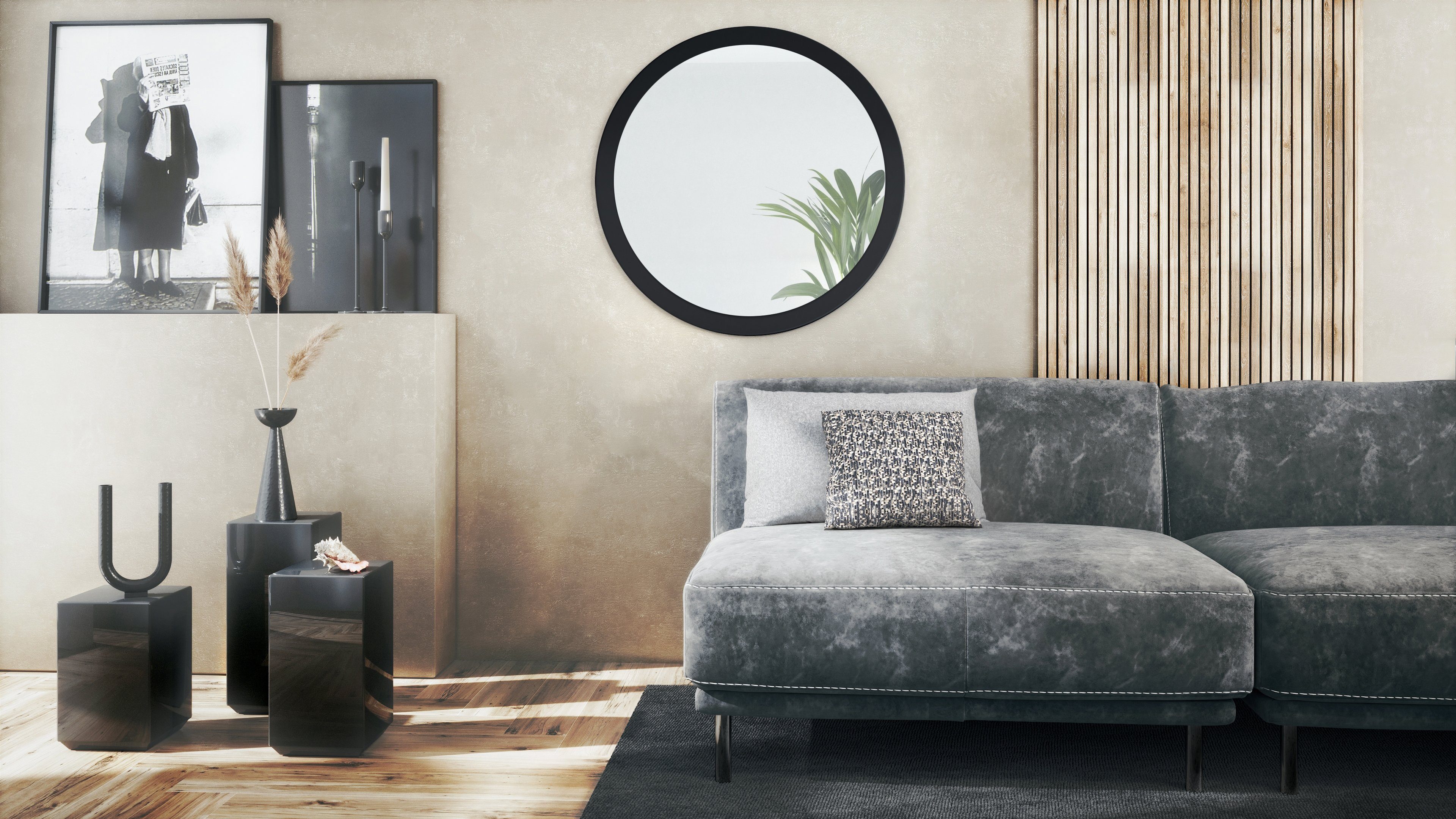 und MDF-Rahmen), mit in Globe für Wandspiegel matt Wohnzimmer Vladon Schwarz (80 cm Durchmesser) Flur Spiegel, runder (dekorativer