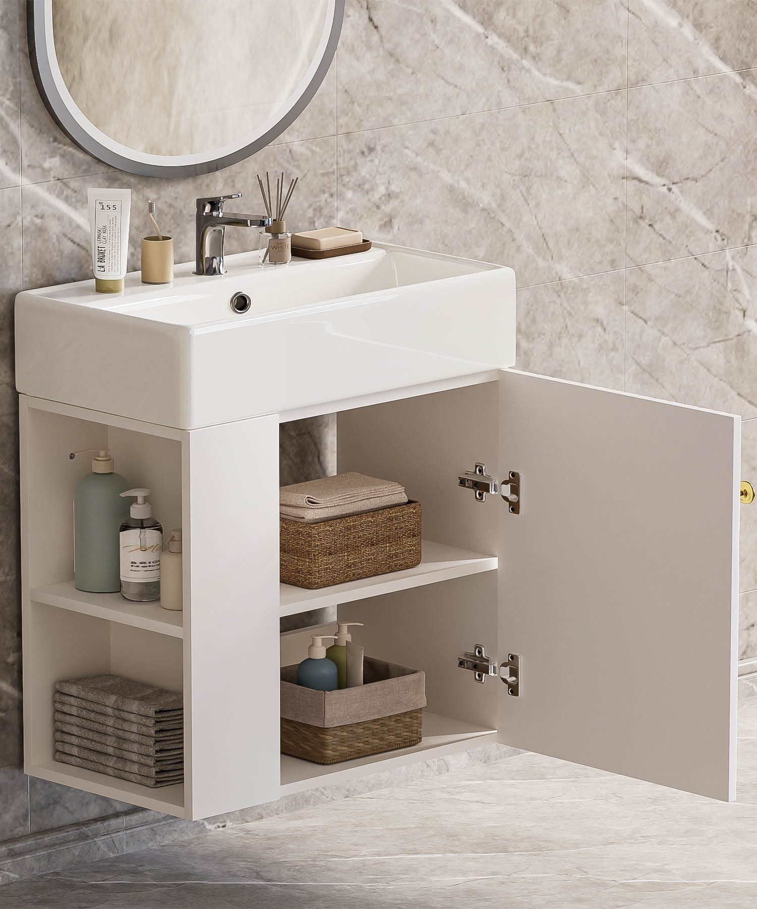 Yorbay Waschtisch Badmöbel Waschtischunterschrank (Breite 55 cm, Badschrank mit Waschbecken), Waschbecken mit Waschtisch für kleine Badezimmer – Bild 2 von 5