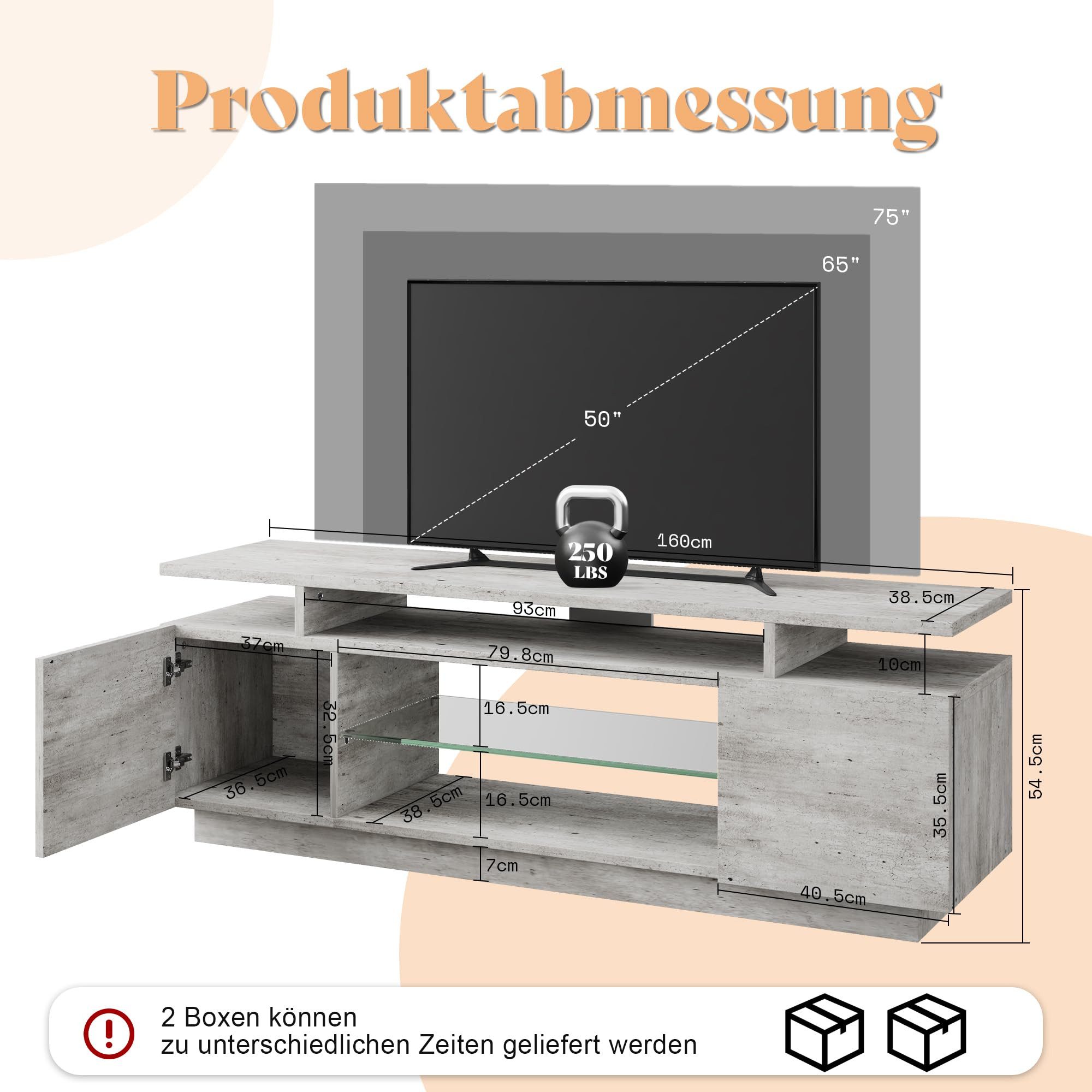 AMERLIFE Lowboard Hochglanz TV-Schrank mit RGB-LED, Fernsehtisch, TV-Regal, 160cm, 2 Türen & verstellbare Glasablage für TVs bis 75 Zoll
