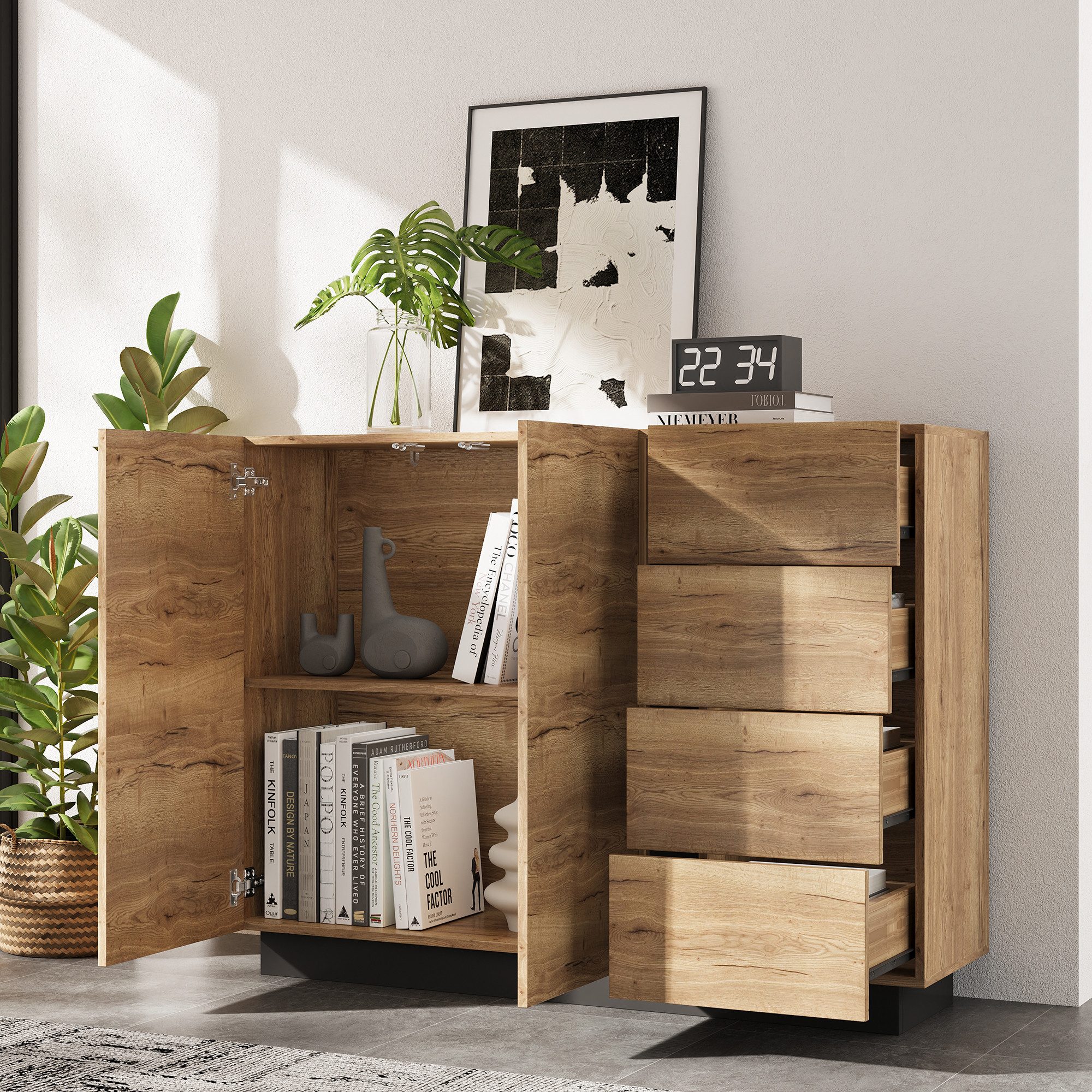 Merax Sideboard Kommode mit 4 Schubladen und 2 Türen (1 St., griffloses Stauraummöbel mit Push-to-Open), Anrichte für Wohnzimmer und Küche – Bild 3 von 5