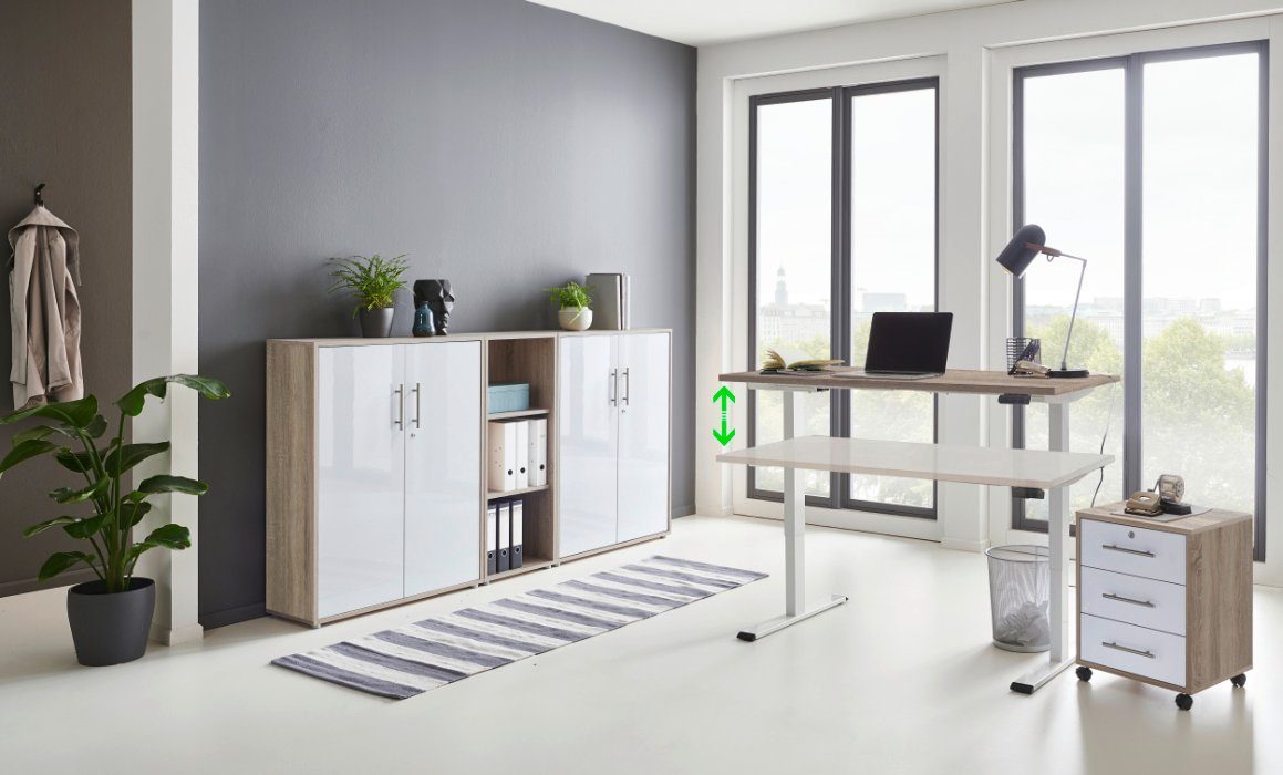 moebel-dich-auf Schreibtisch e-OFFICE EDITION (Büromöbel-Set, Aktenschränke abschließbar, Made in Germany, Set 8), mit elektrisch, höhenverstellbarem Schreibtisch, Rollcontainer Korpus-Front: Eiche Sonoma / weiß Hochglanz | Gestell: weiß lackiert | Tischplatte: Eiche Sonoma