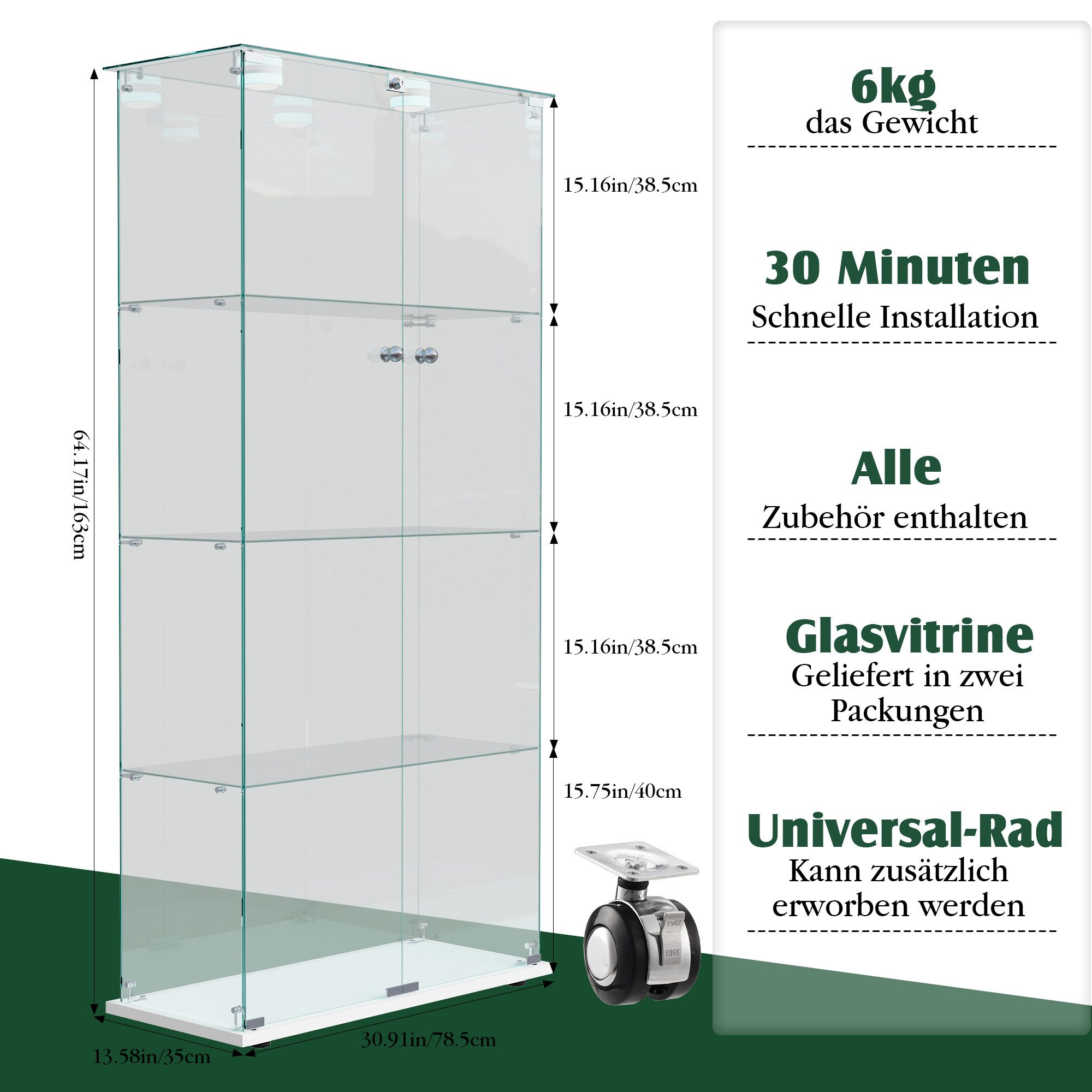 Simurq Glasvitrine Standvitrine aus gehärtetes Glas,Vitrinenschrank Glas mit beleuchtung (Standvitrinen mit 2 Glastür und 4 Lagen,Glasschrank mit Schloss) Sammlervitrine mit Kippsicherung,Modernes rahmenloses Design