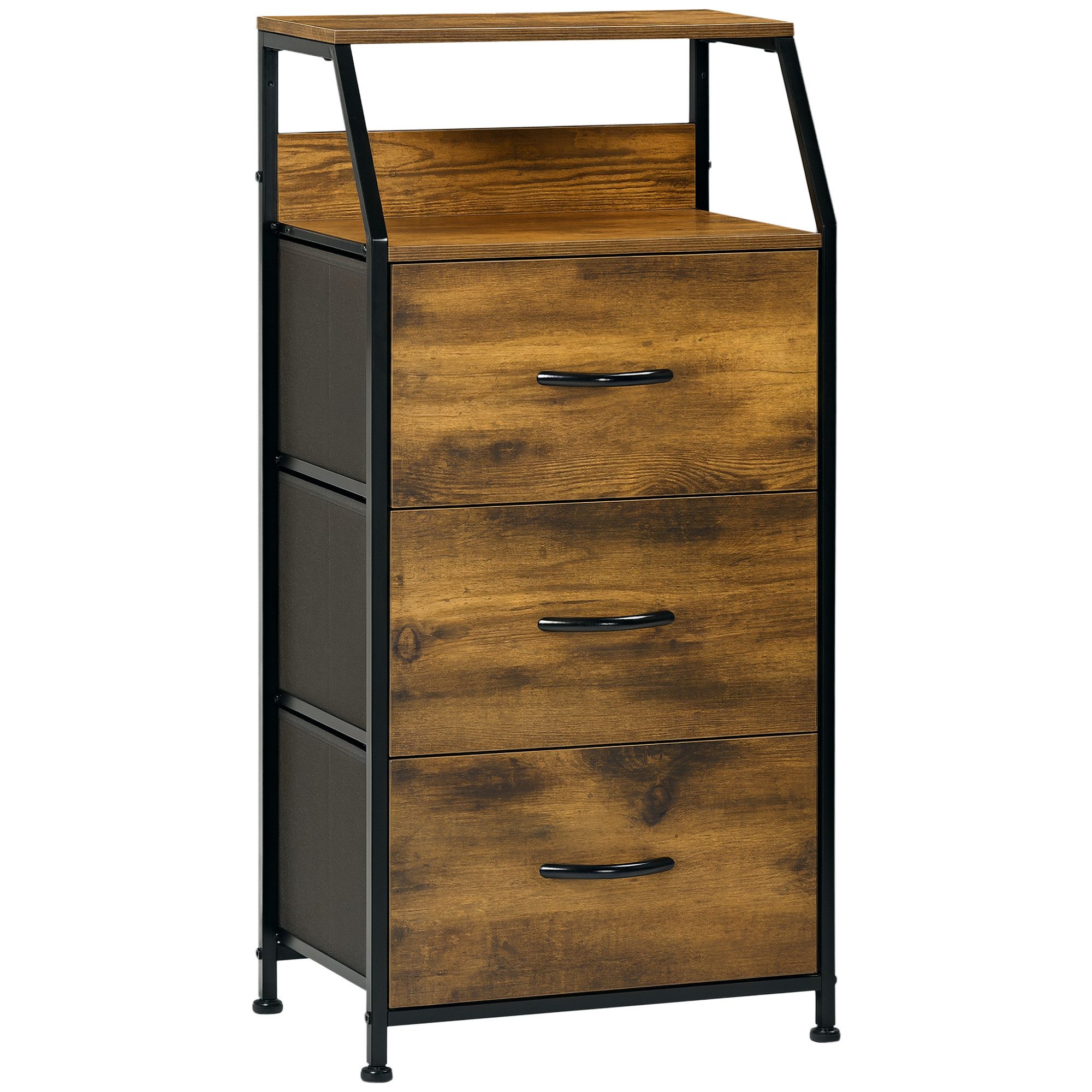 HOMCOM Kommode Aufbewahrungsschrank mit 3 Schubladen, Ablage mit Stahlgestell (Lagerschrank aus Stoff mit Ausstellungsregalen, 1 St., mit Regal, Griff), für Wohnzimmer, Schlafzimmer, Rustikal-Braun