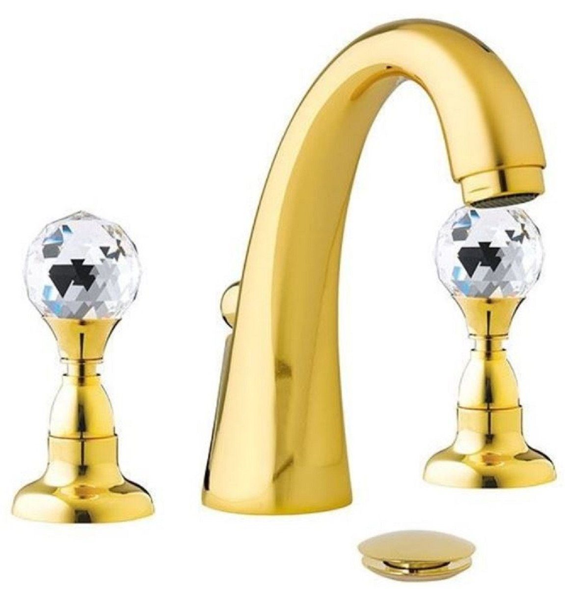 Casa Padrino Waschtischarmatur Luxus Waschtisch Armatur mit Swarovski Kristallglas Gold H. 15 cm - Dreilochbatterie mit Ablaufgarnitur - Luxus Bad Zubehör - Made in Italy