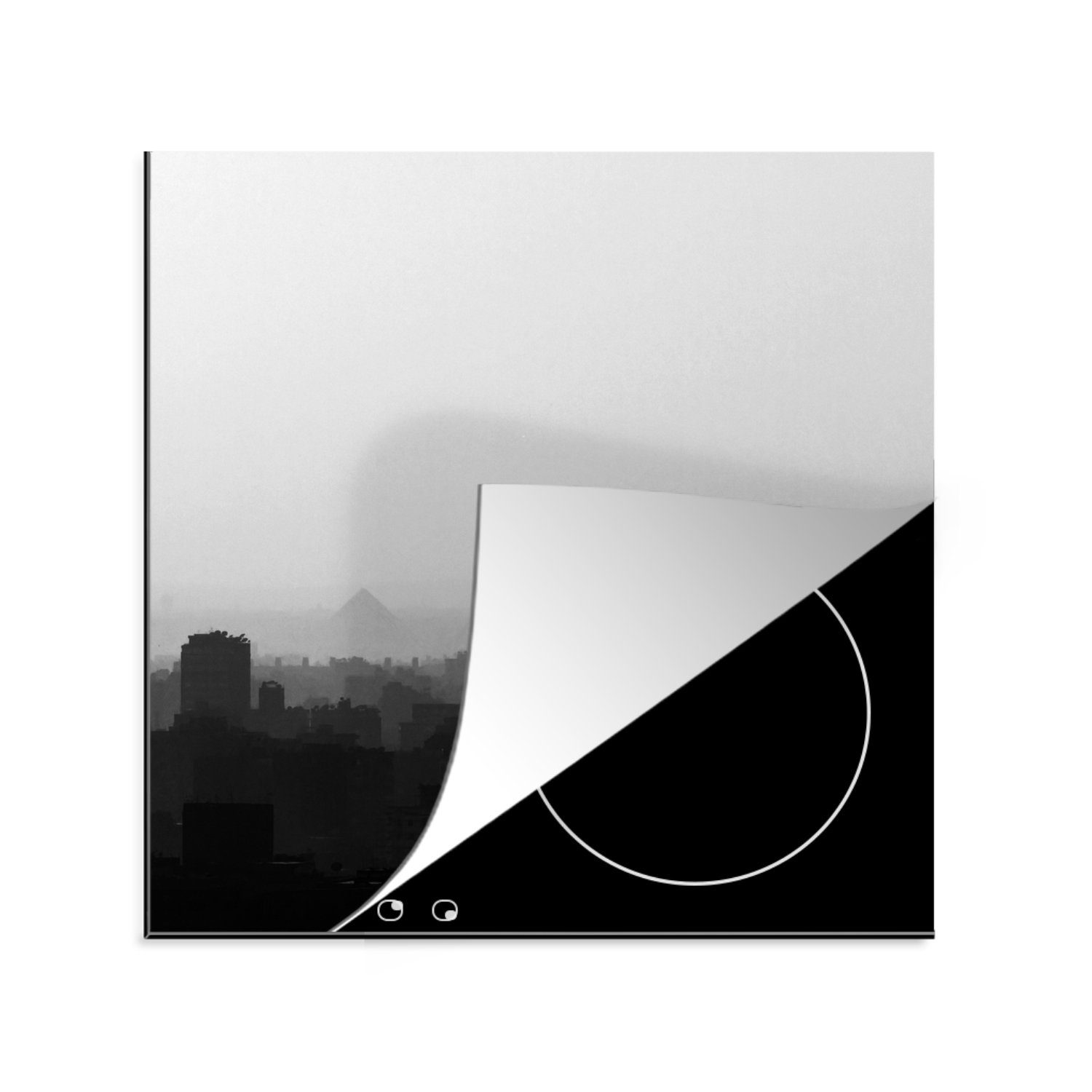 MuchoWow Herdblende-/Abdeckplatte Pyramiden hinter Kairo in schwarz-weiß, Vinyl, (1 tlg), 78x78 cm, Ceranfeldabdeckung, Arbeitsplatte für küche