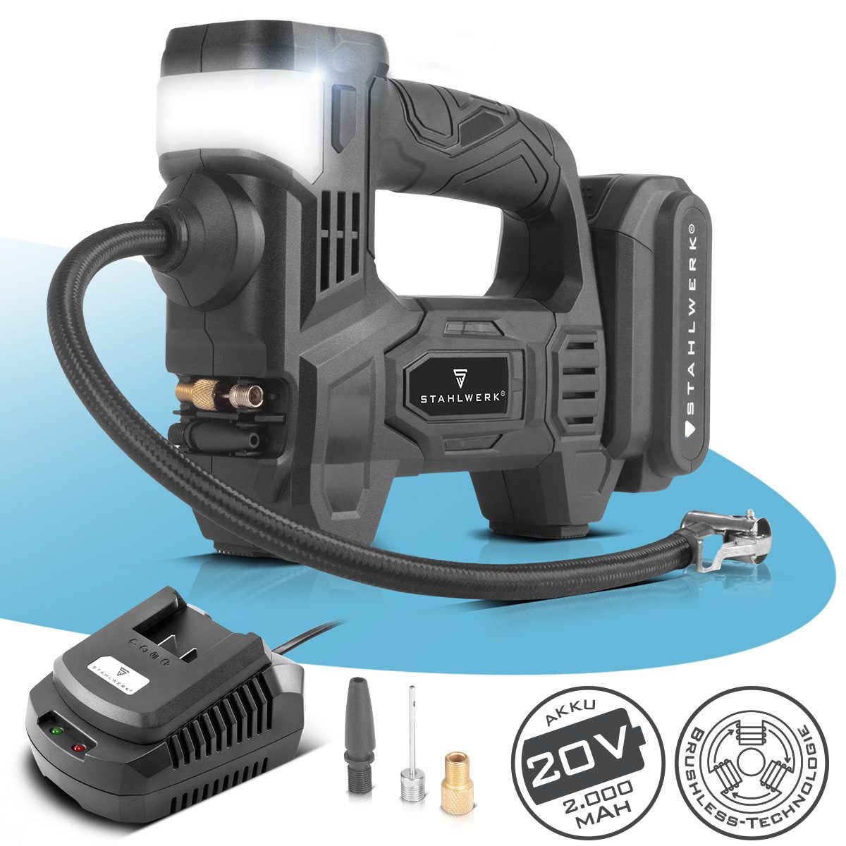 STAHLWERK Kompressor Akku Druckluftkompressor 72 Watt Leistung und 2 Ah Akku, Set, 1-tlg., Set