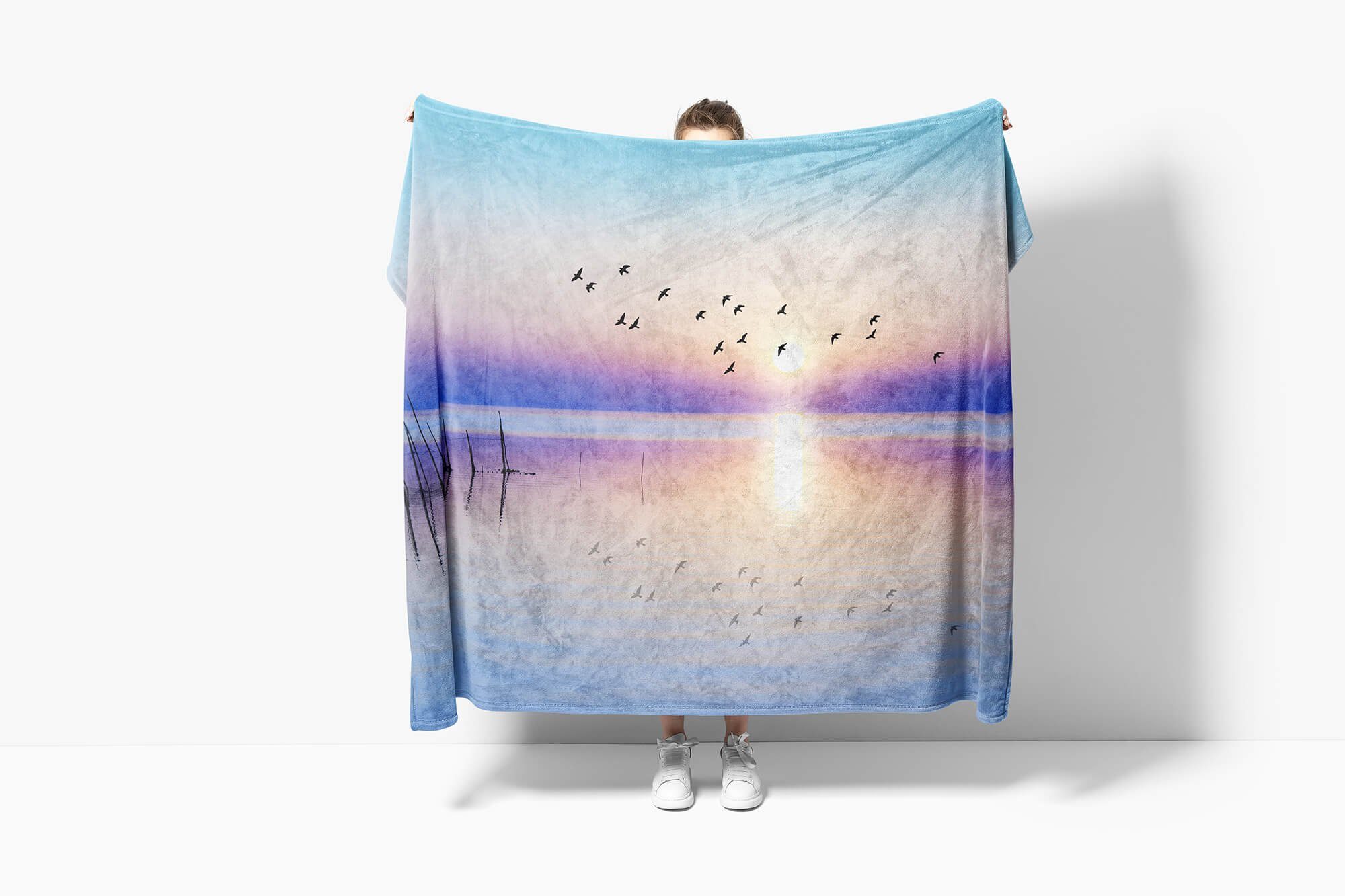 Sinus Art Handtücher Handtuch Strandhandtuch Sonnenunterg, Fotomotiv Kuscheldecke (1-St), Vögel Baumwolle-Polyester-Mix Saunatuch mit Handtuch
