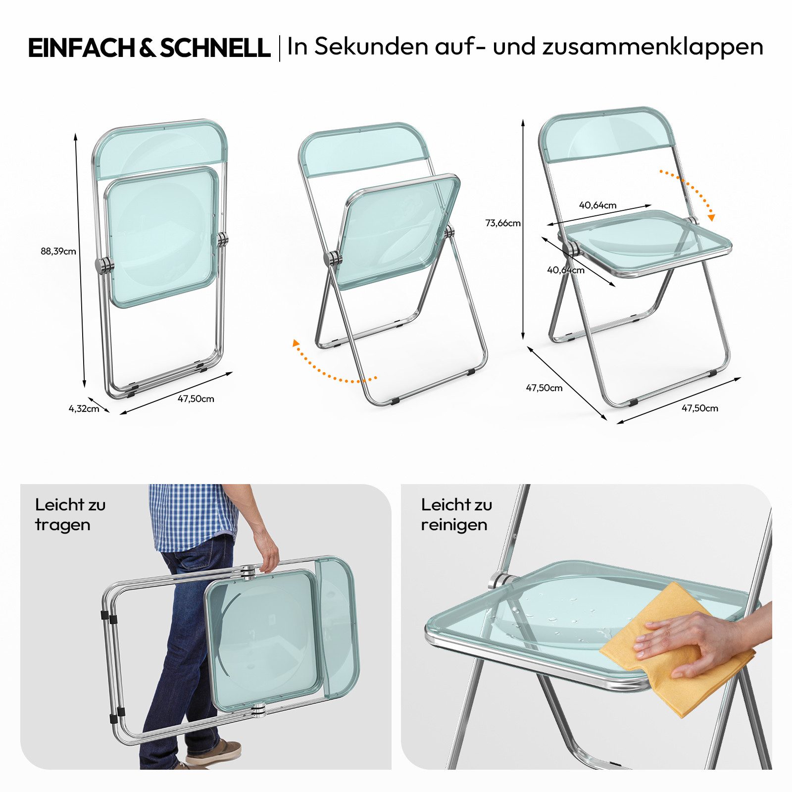 VINGLI Klappstuhl 2er/4er/6er/8er/10/12er Set, Klappstühle aus Metall & Kunststoff (2 St), für Innen- & Außenbereich, bis 159KG, Schwarz/Weiß/Transparent – Bild 2 von 5