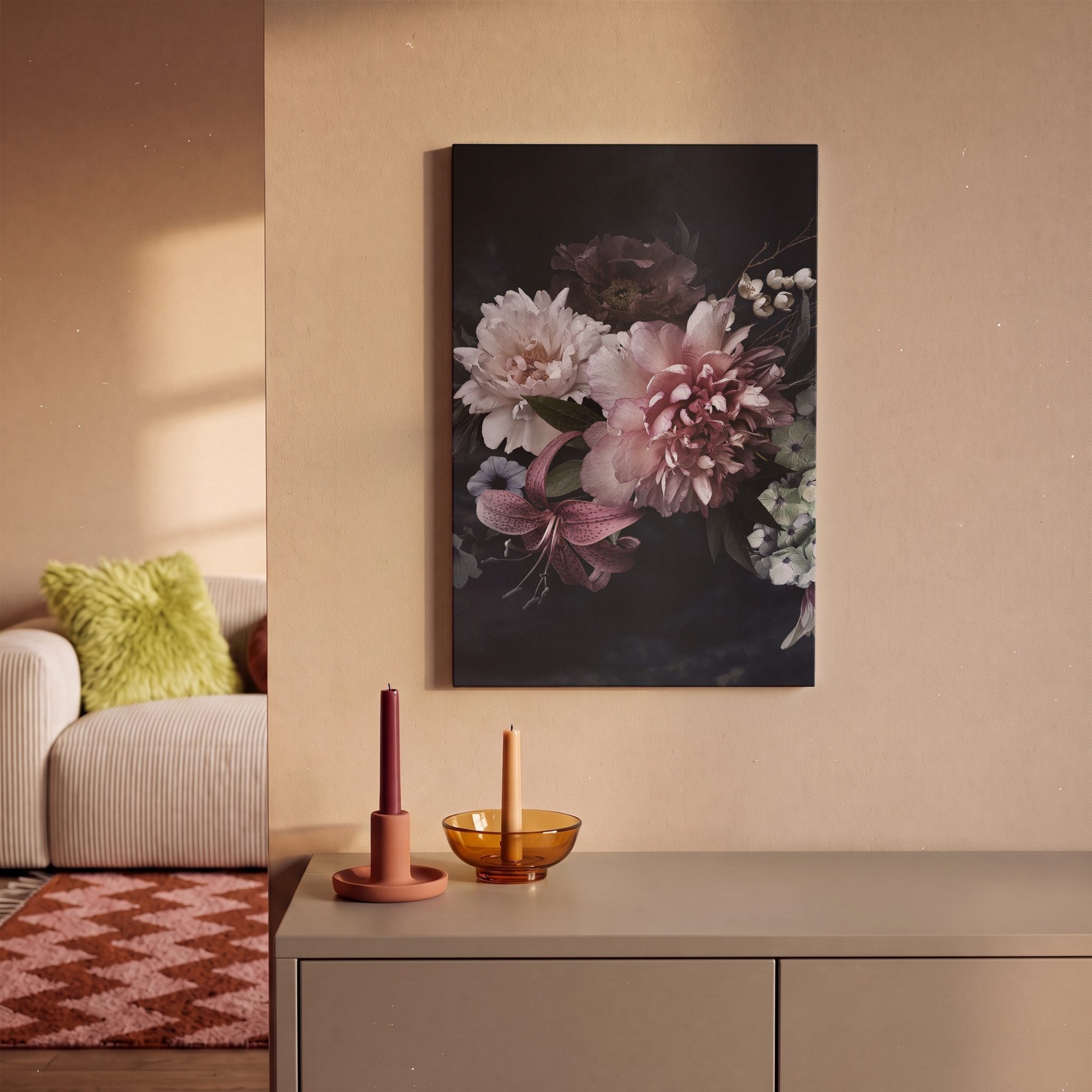 OneMillionCanvasses® Leinwandbild Blumen - Vintage - Pastell - Schwarz - Blumenstrauß, Fotodruck (1 St), Leinwand Bilder Klein, Wand Dekoration Aesthetic 30x20  – Bild 2 von 5