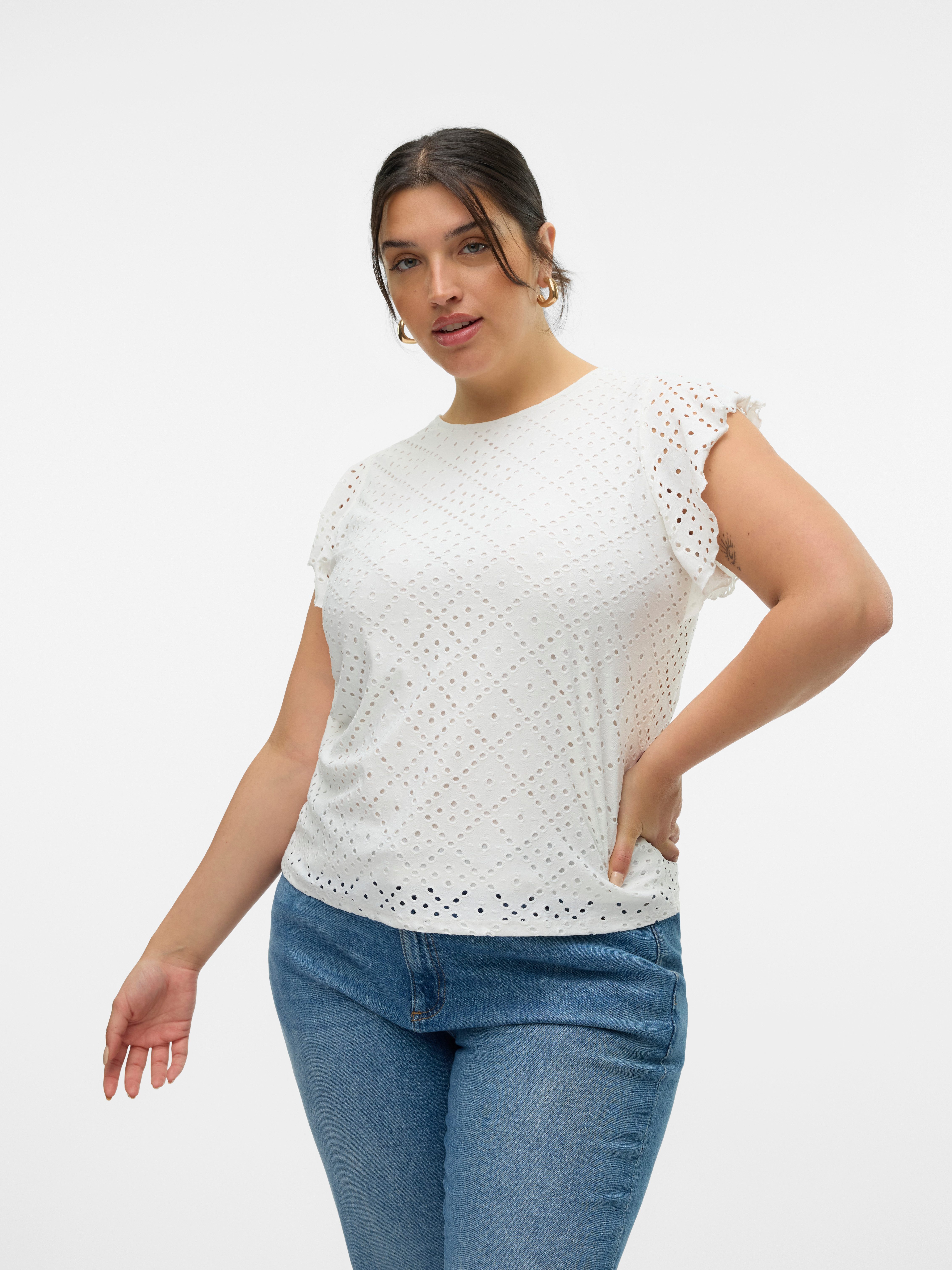 Vero Moda Curve Spitzenshirt VMCTASSA SL FRILL TOP NOOS CUR Materialmix, loose fit
