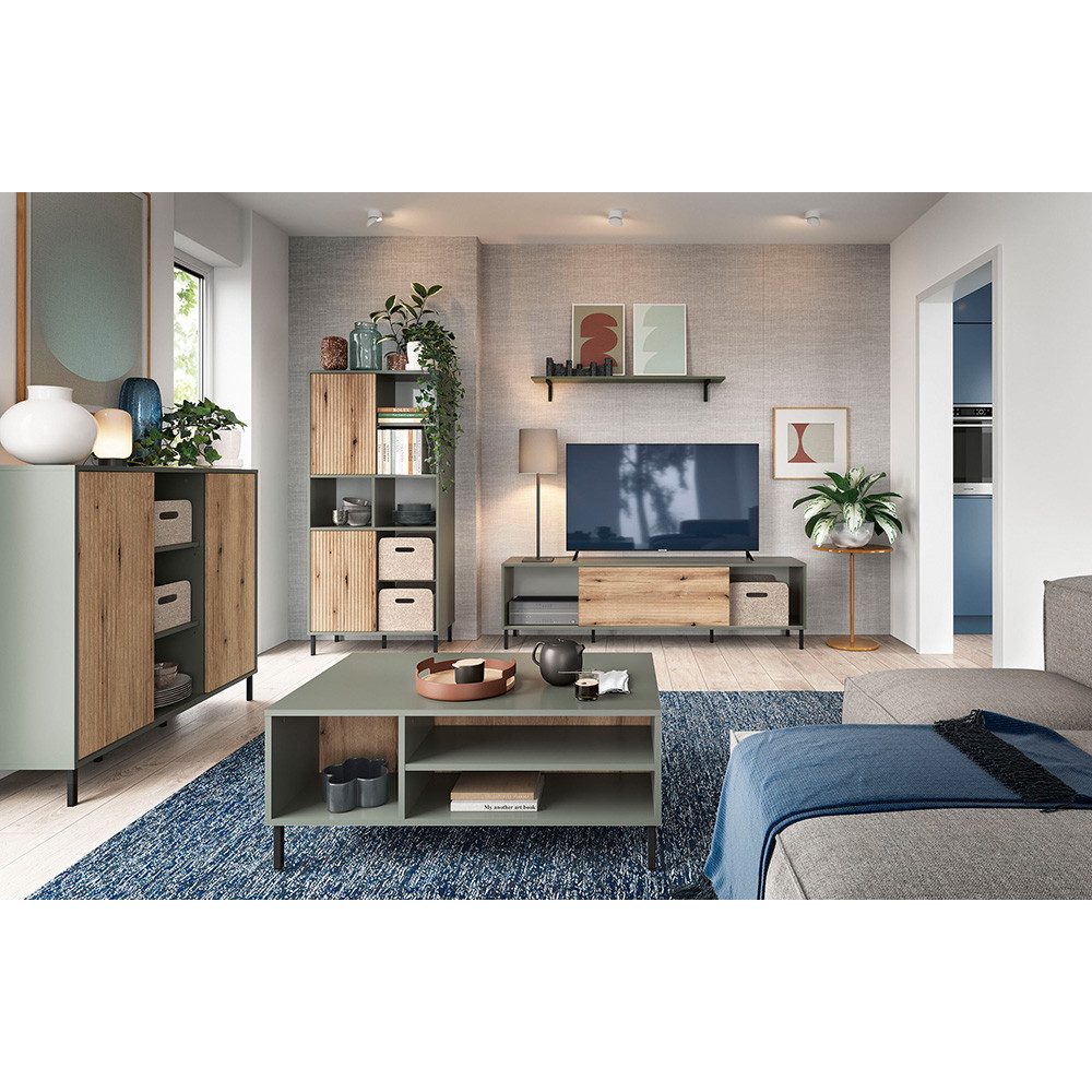 Lomadox Wohnzimmer-Set PARMA-129, (Mega-Spar-Set, 5-St., TV-Lowboard Wandpaneel Regal Sideboard Couchtisch), in grau-grün mit Eiche Nb., griffloses Öffnen