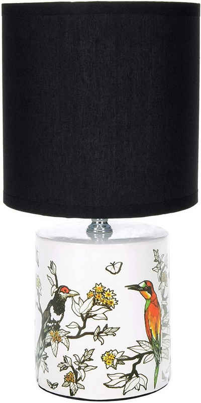 BRUBAKER Nachttischlampe Tischlampe Vogel Design Asiatisch - 1x oder 2er Set - Schirm Schwarz, ohne Leuchtmittel, Designer Lampen mit Keramikfuß, Höhe ca. 30 cm - Tischleuchte