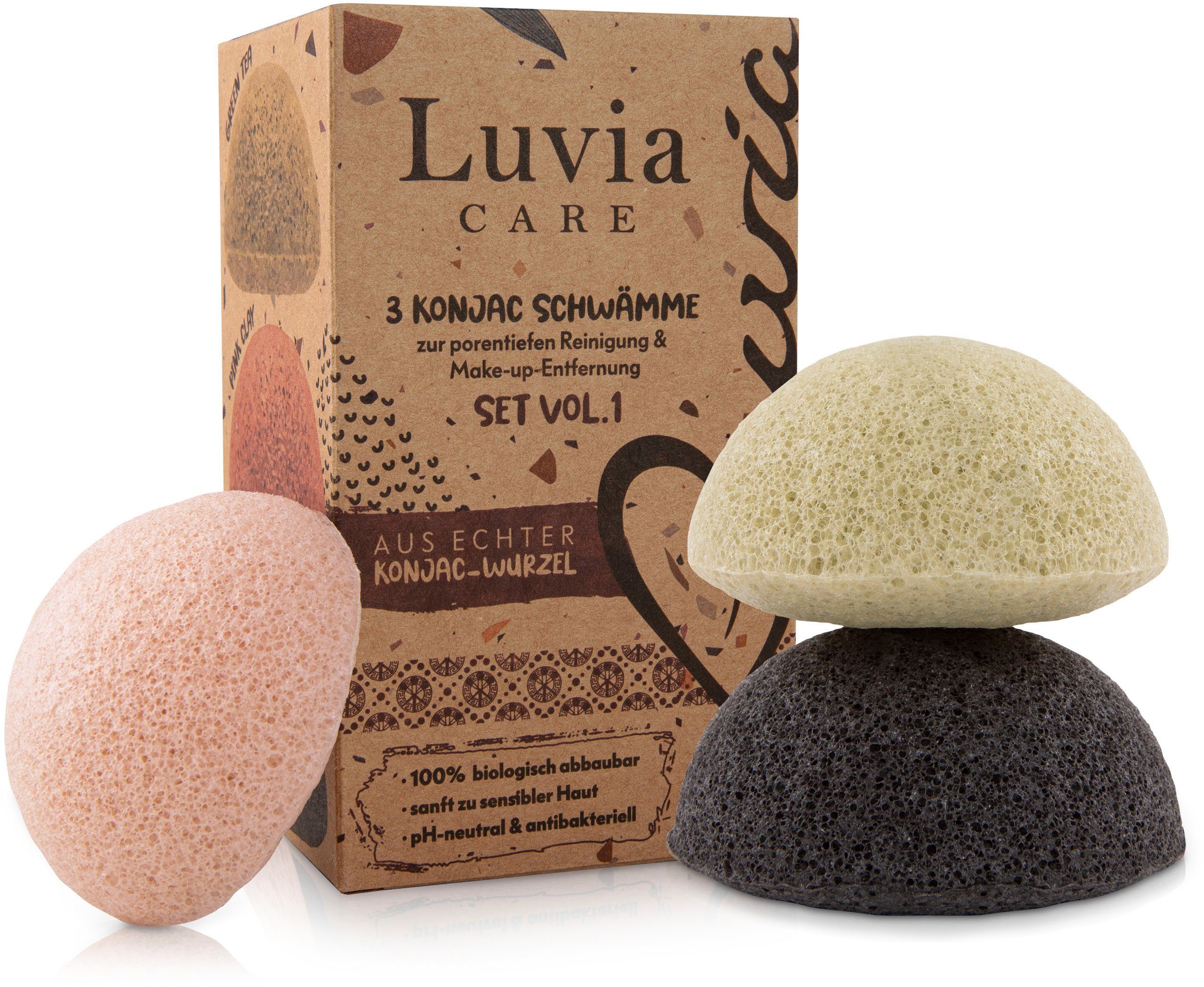 Luvia Cosmetics 3 Konjac Schwamm Set Gesichtsreinigungsschwamm tlg. Red Clay, blassrosa/hellgrün/hellgrau