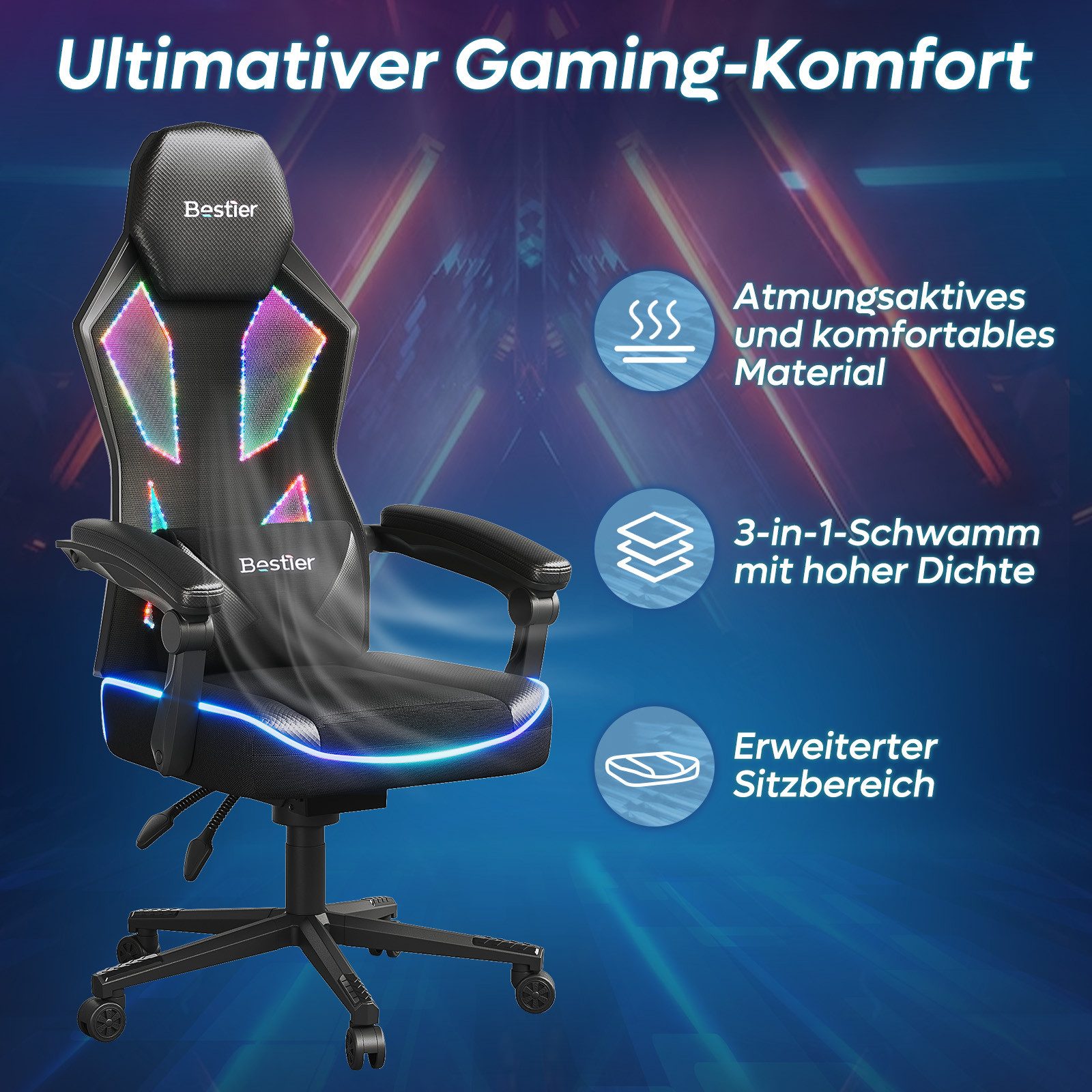 Bestier Gaming-Stuhl Gaming-Stuhl mit LED-Lichtleiste und verstellbarer Lendenwirbelstütze. – Bild 4 von 5