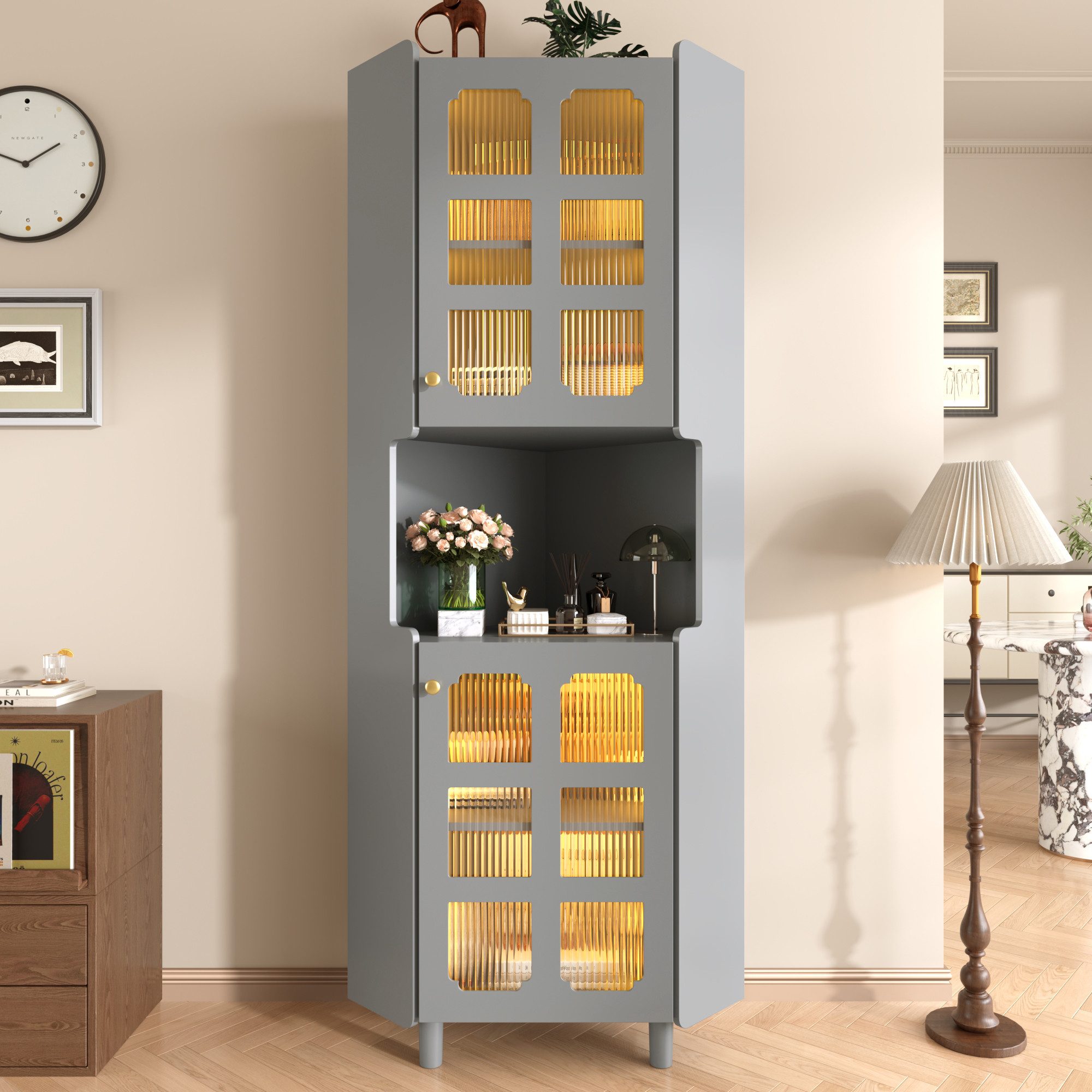 Flieks Badkommode Eckschrank mit LED-Beleuchtung und Glastüren (1 St., 63,5x45x157,5 cm), Hochschrank Mehrzweckschrank Eckkommode mit 5 Fächern Grau