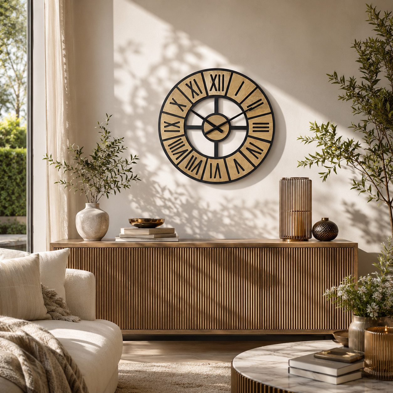 K&L Wall Art Wanduhr Holzuhr übergroße Vintage Uhr Holzoptik Landhaus Wanduhr XL (leises Quarz Uhrwerk)