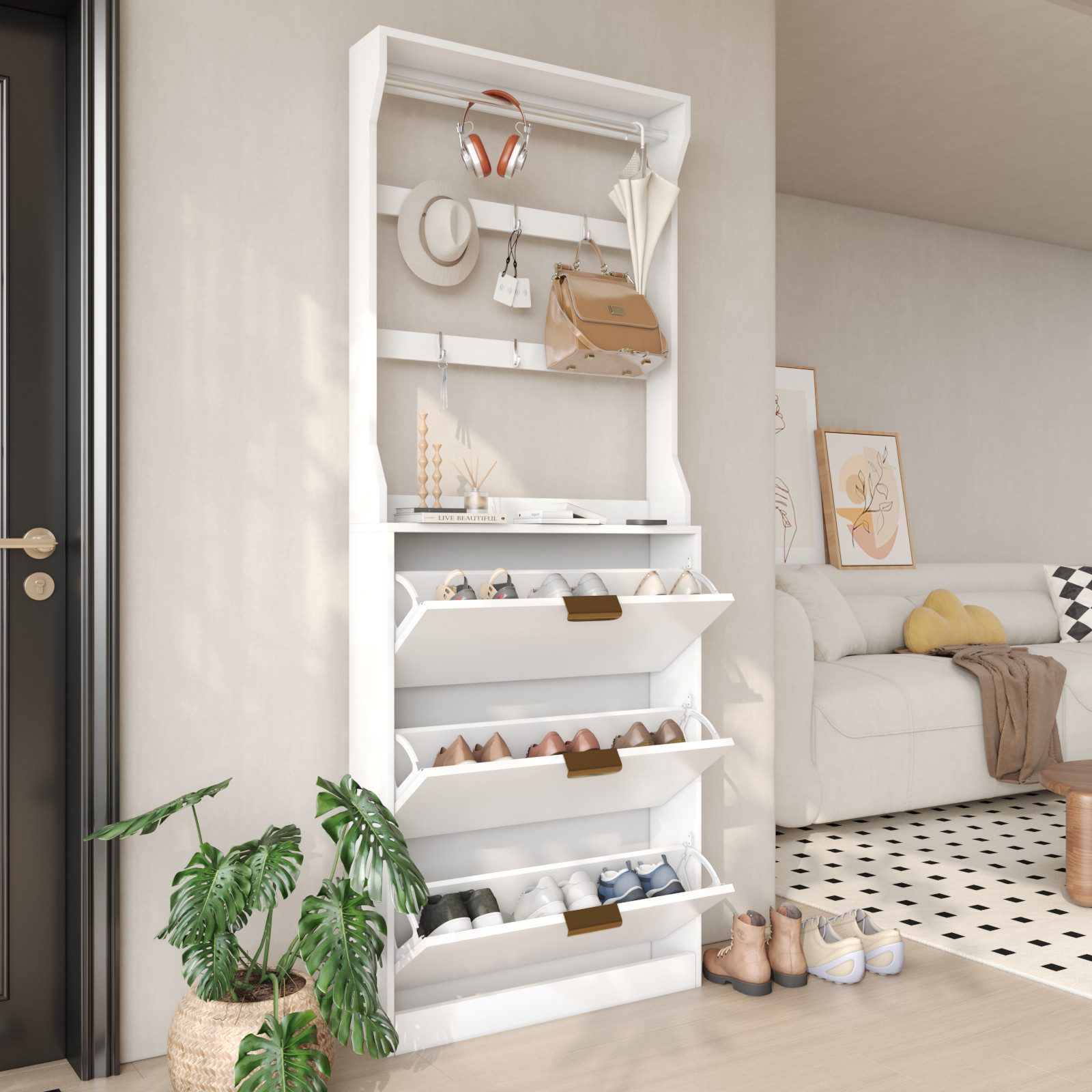 VOWNER Garderoben-Set Schuhschrank mit 3 Klappen, Garderobe, 6 Haken, Kleid günstig online kaufen