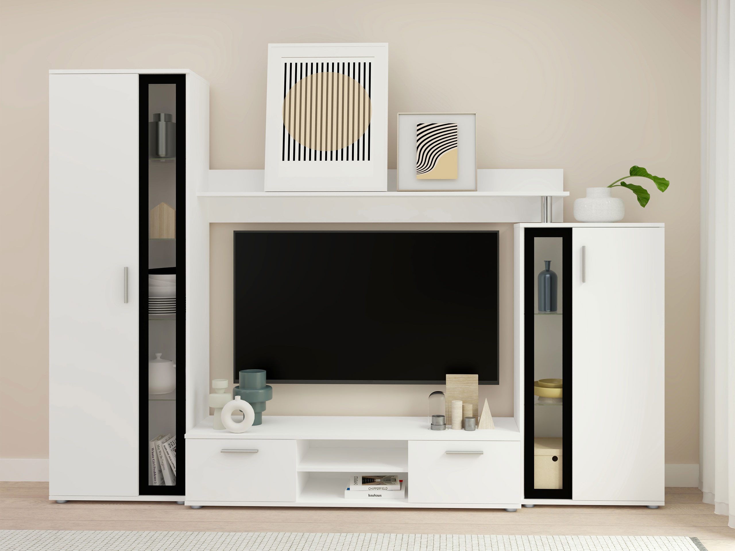 MIRJAN24 Wohnwand Bentley, (4er-Set, TV-Lowboard, Hochvitrine, Wandregal, Vitrine), Praktische Anbauwand mit viel Stauraum