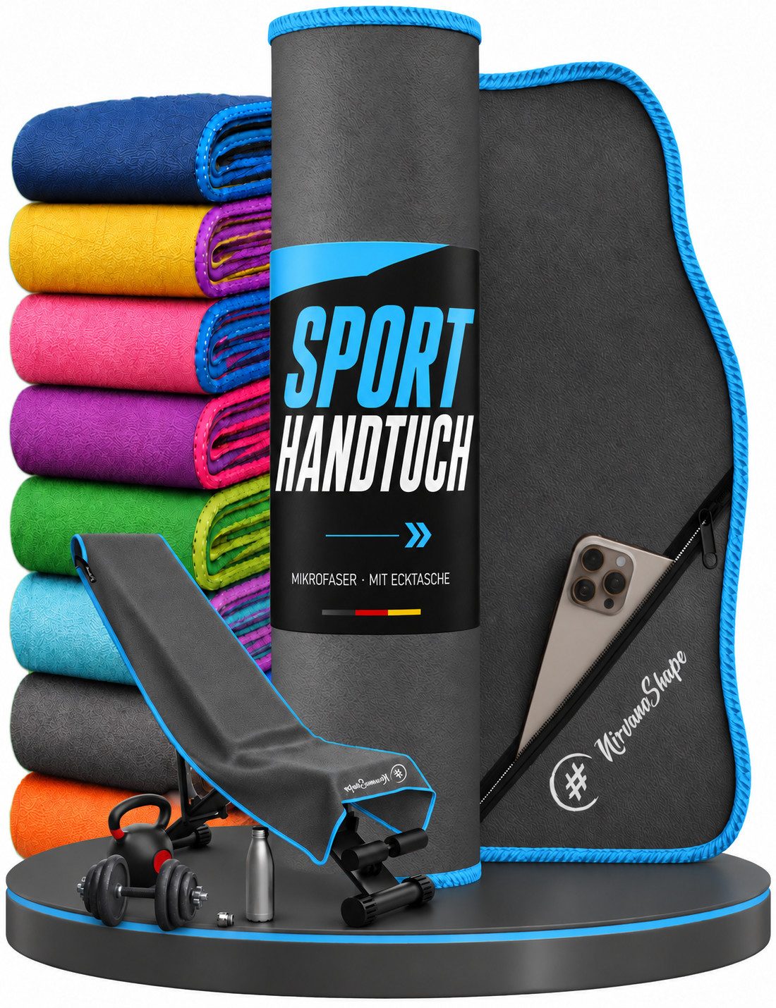 NirvanaShape Sporthandtuch NirvanaShape Mikrofaser Fitnesshandtuch mit Ecktasche und Knöpfen, saugfähig, leicht, schnelltrocknend, für Reisen, Fitness, Yoga, Sauna
