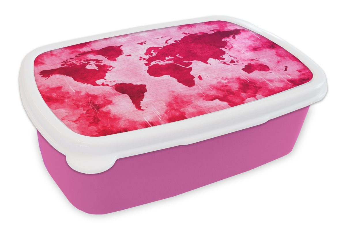 MuchoWow Lunchbox Weltkarte - Rot - Rosa, Kunststoff, (2-tlg), Brotbox für Erwachsene, Brotdose Kinder, Snackbox, Mädchen, Kunststoff