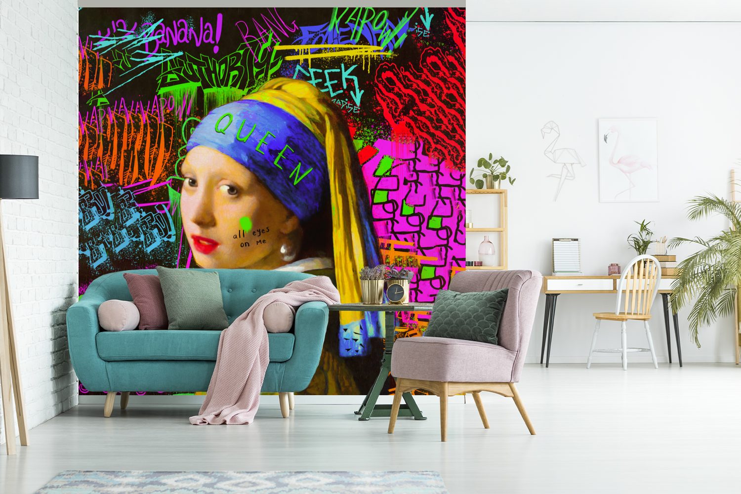 Girl Wandtapete Matt, - a Pearl Earring Neon (5 Wohnzimmer Schlafzimmer, MuchoWow für Tapete - bedruckt, St), Fototapete Vinyl Graffiti, oder with