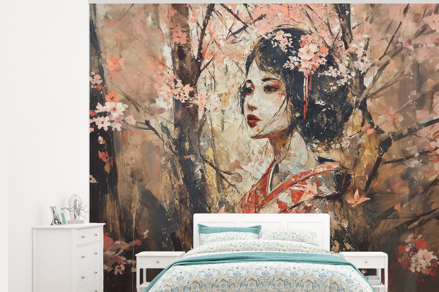 MuchoWow Fototapete Kimono - Frau - Kirschbäume, Matt, bedruckt, Montagefertig Vinyl Tapete, Wandtapete, 275x220 cm