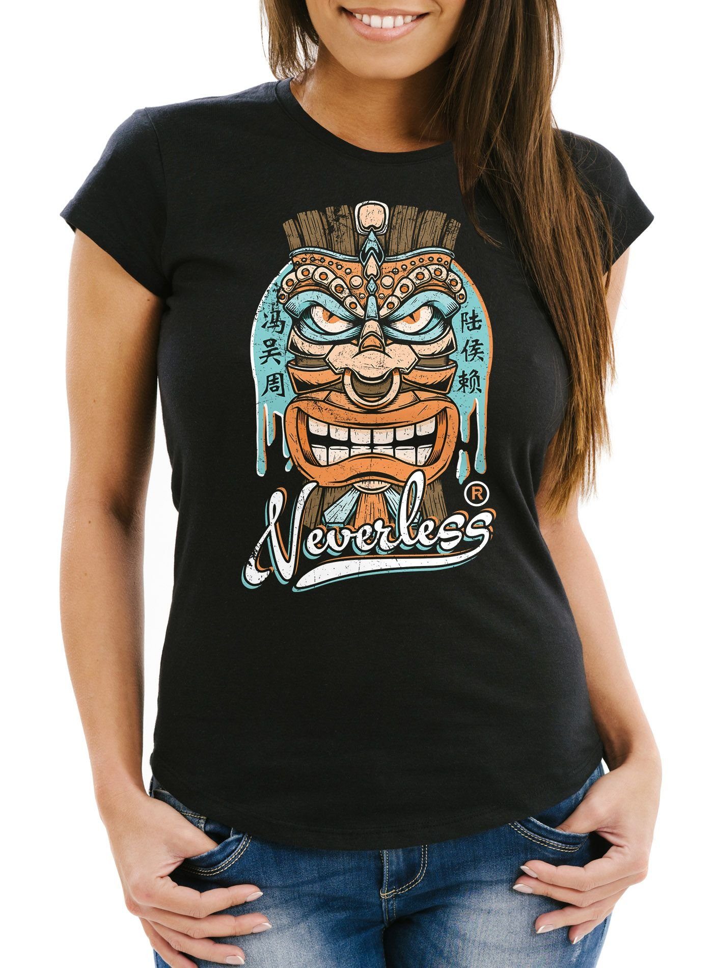Neverless Print-Shirt Damen T-Shirt Tiki Maske Totem Figur Hawaii Fashion Streetstyle Slim mit Print