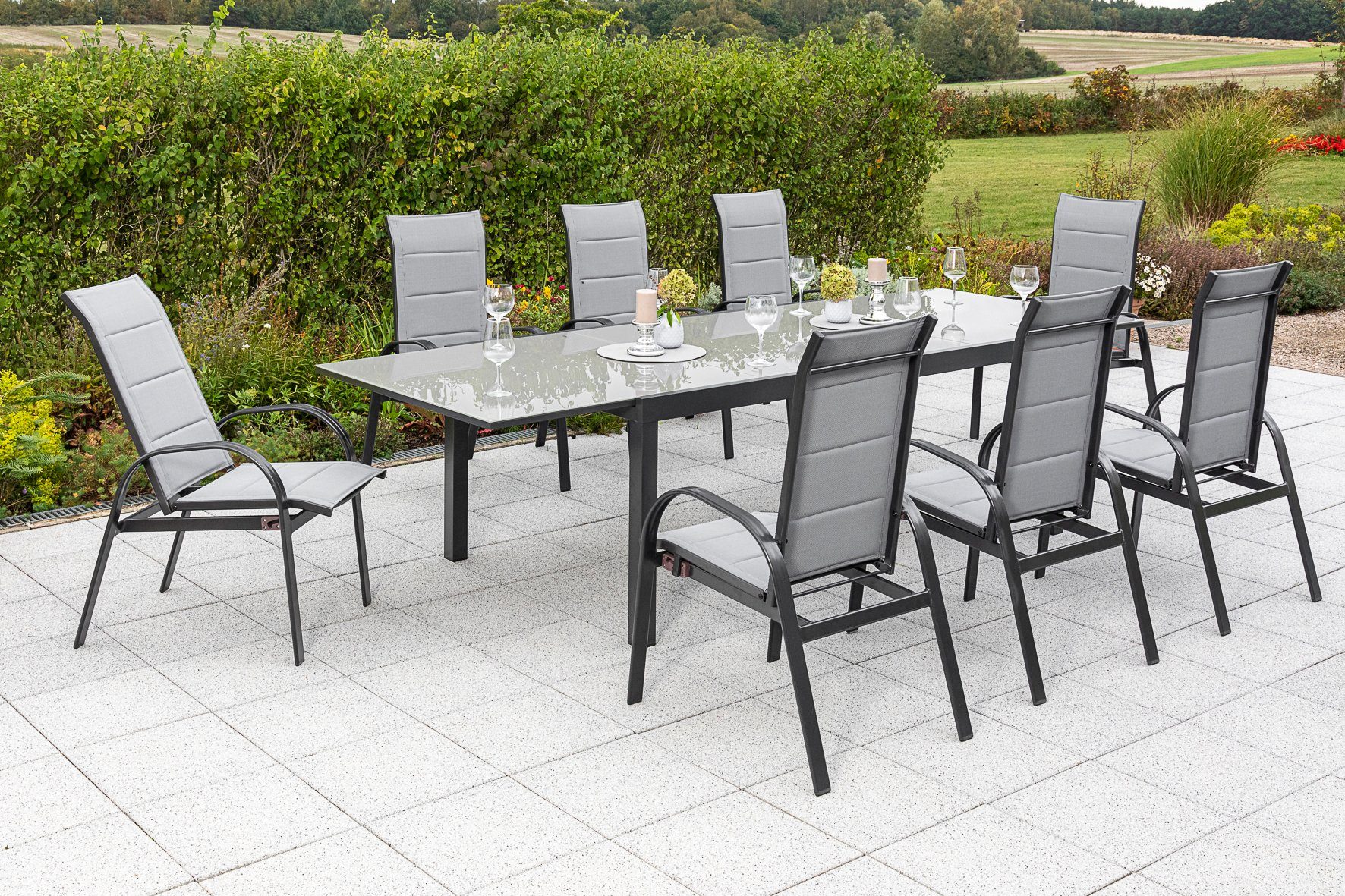 MERXX Garten-Essgruppe Marini, (9-tlg), 8 Klappsessel, ausziehbarer Tisch