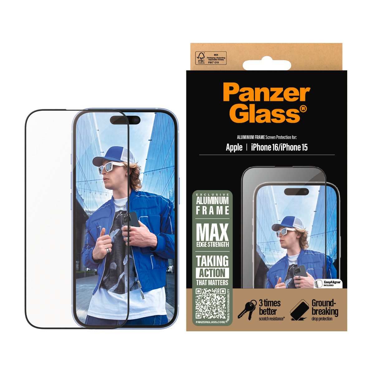 PanzerGlass Displayschutzglas Aluminum Frame Screen Protection für Apple iPhone 15, Apple iPhone 16, Displayschutzfolie, Schutzfolie, Bildschirmschutz, kratz- & stoßfest