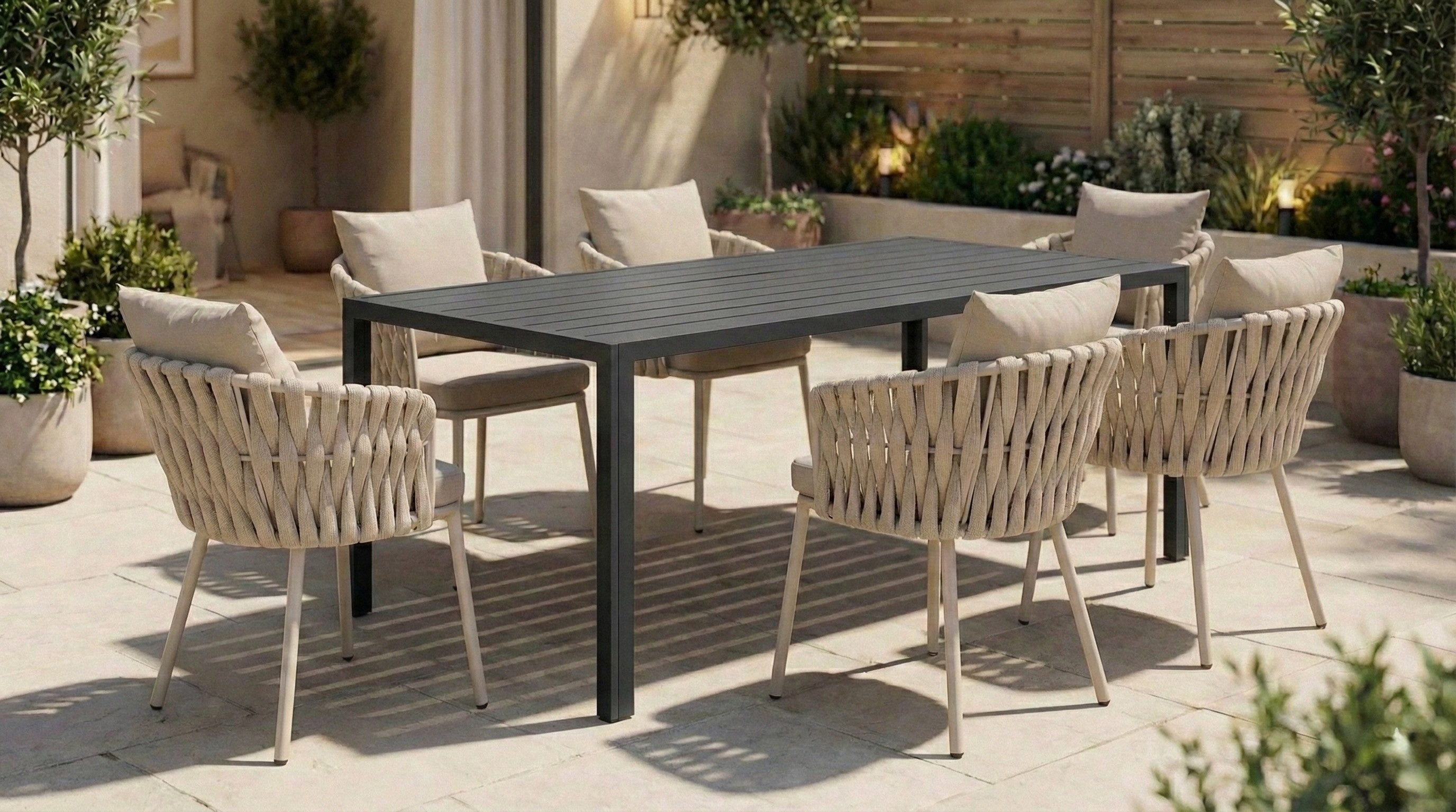 Garten-Essgruppe Garten Alu Essgruppe Outdoor mit 180cm Tisch und 6 Geflecht Stühlen