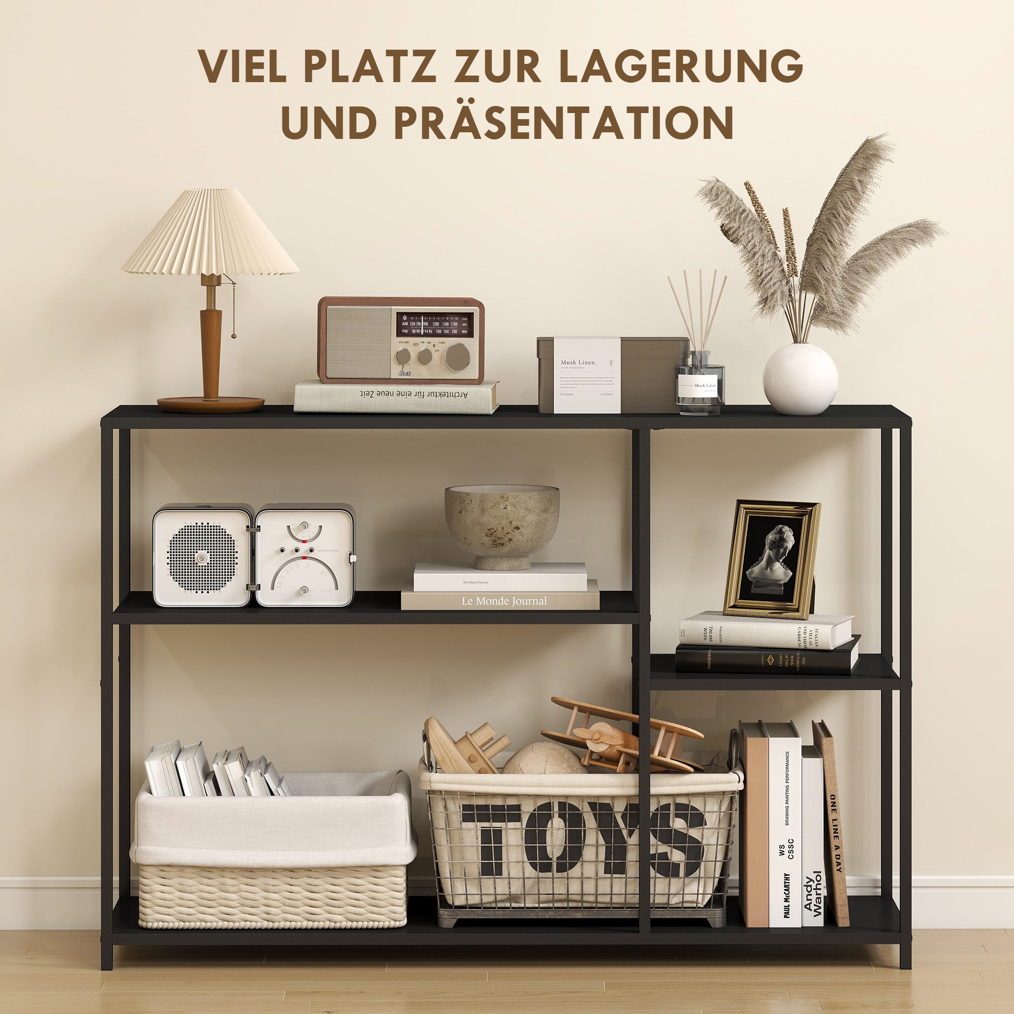 HOMCOM Konsolentisch Schmaler Sofatisch mit 4 Ebenen (mit Stahlrahmen, 1-St., für Flur, Eingangsbereich, Wohnzimmer), 110 x 30 x 75 cm, Schwarz – Bild 4 von 5