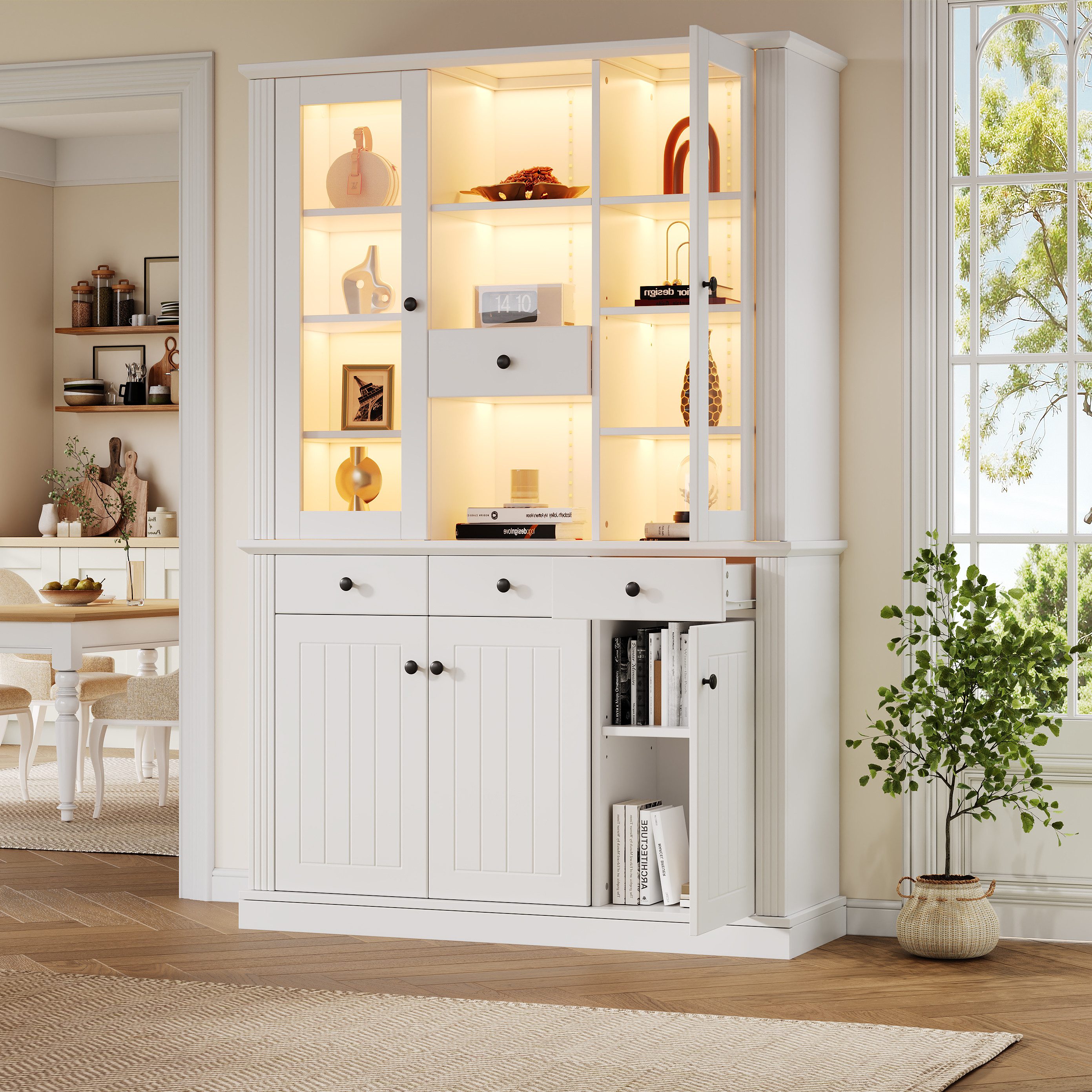 Merax Standvitrine mit LED- Beleuchtung (119,5×40×180 cm, 1-St., Hochschrank Standregal Schrank) Vitrine mit 21 Ablagefächern, 4 Schublade, 5 Türen & Glasfronten
