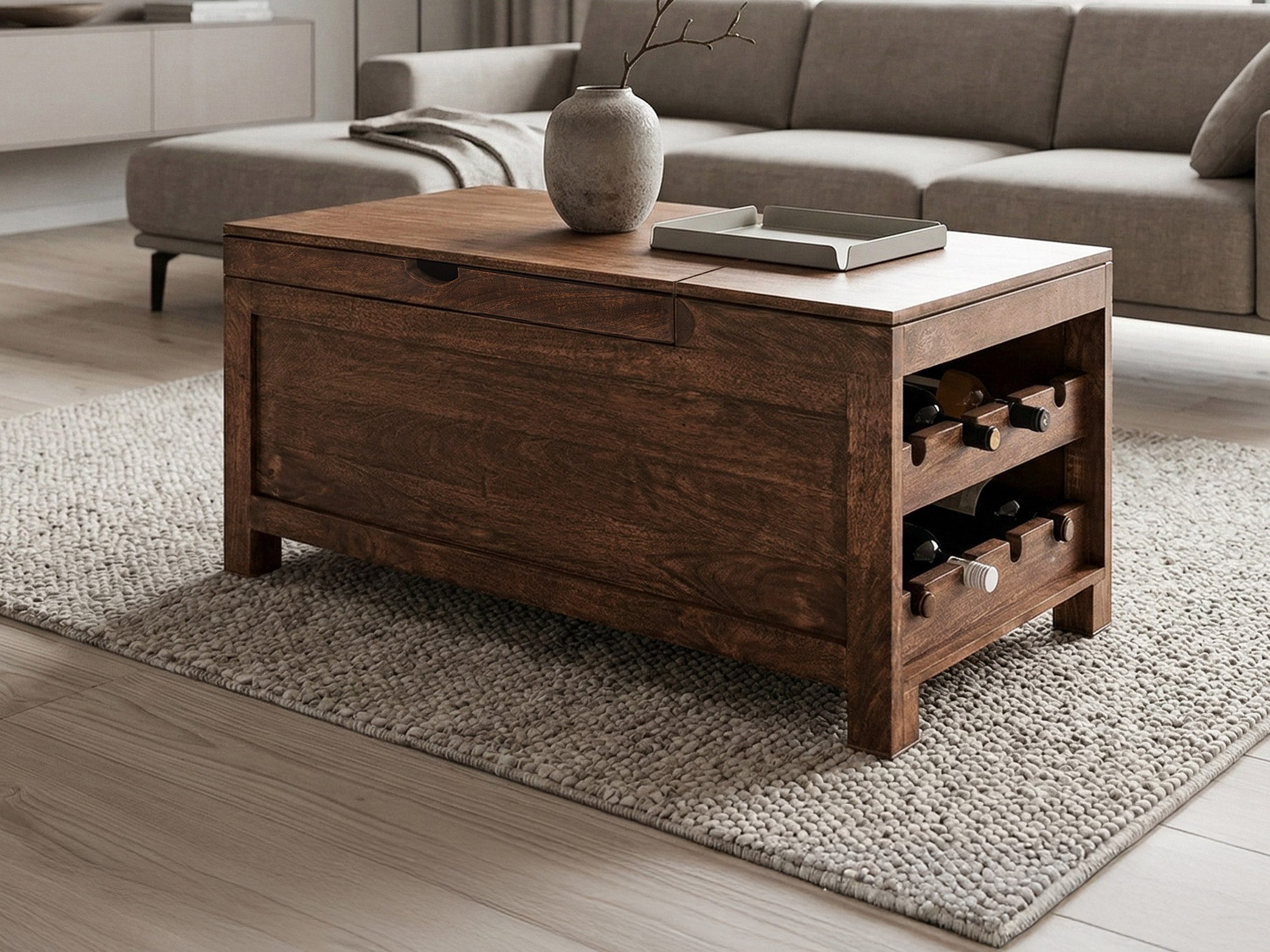 Massivart® Couchtisch Wohnzimmertisch, B 110 cm, Massivholz Mangoholz gebeizt »MANGALA«, montiert · Weingitter für 12 Flaschen · Truhentisch · viel Stauraum
