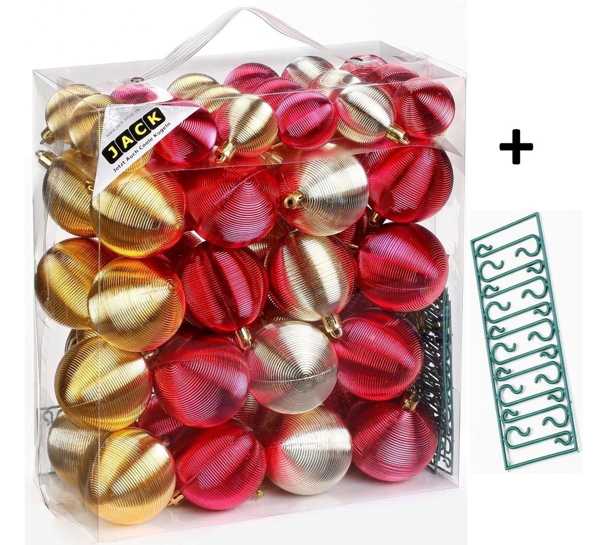 JACK Christbaumschmuck JACK by Inge 50x Kunststoff Kugeln Rot Gold Christbaumkugeln Rille, Inkl. Haken, Rillenoptik aus Kunststoff Ø 4 + 6 cm, Aufbewahrungsbox