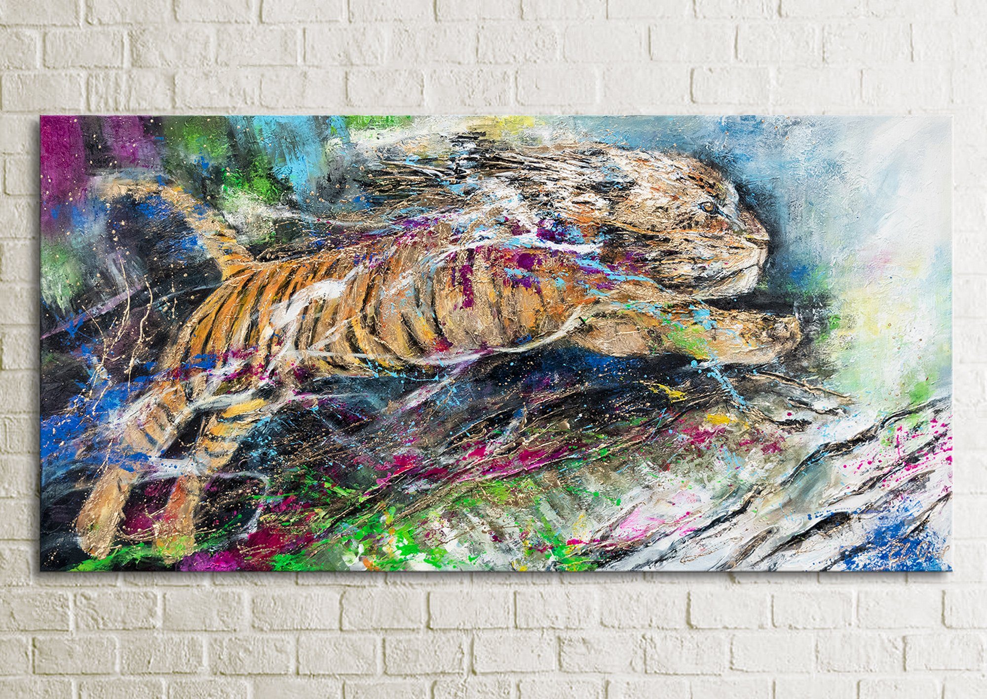 YS-Art Gemälde Energie, Tiere, Bunter Tiger Handgemalt Bild Leinwand Tier Springender