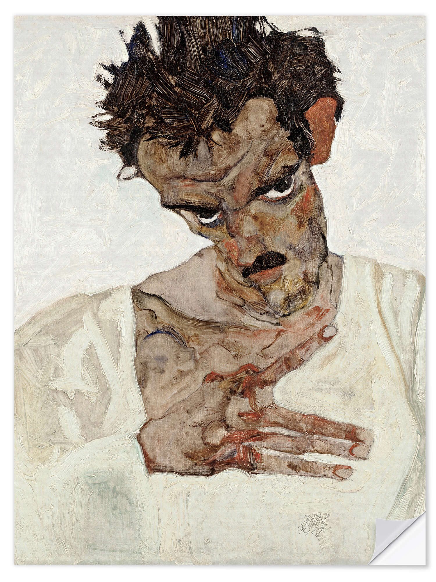 Posterlounge Wandfolie Egon Schiele, Selbstbildnis mit gesenktem Kopf, Wohnzimmer Malerei